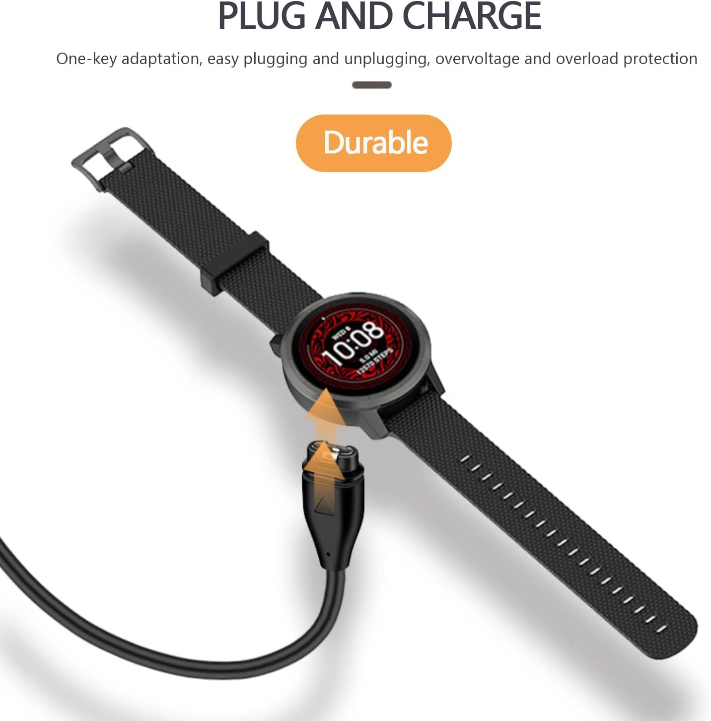 Eine Smartwatch wird mit einem schwarzen Kabel aufgeladen. Text: Plug and Charge. Zeigt die Uhrenanzeige.