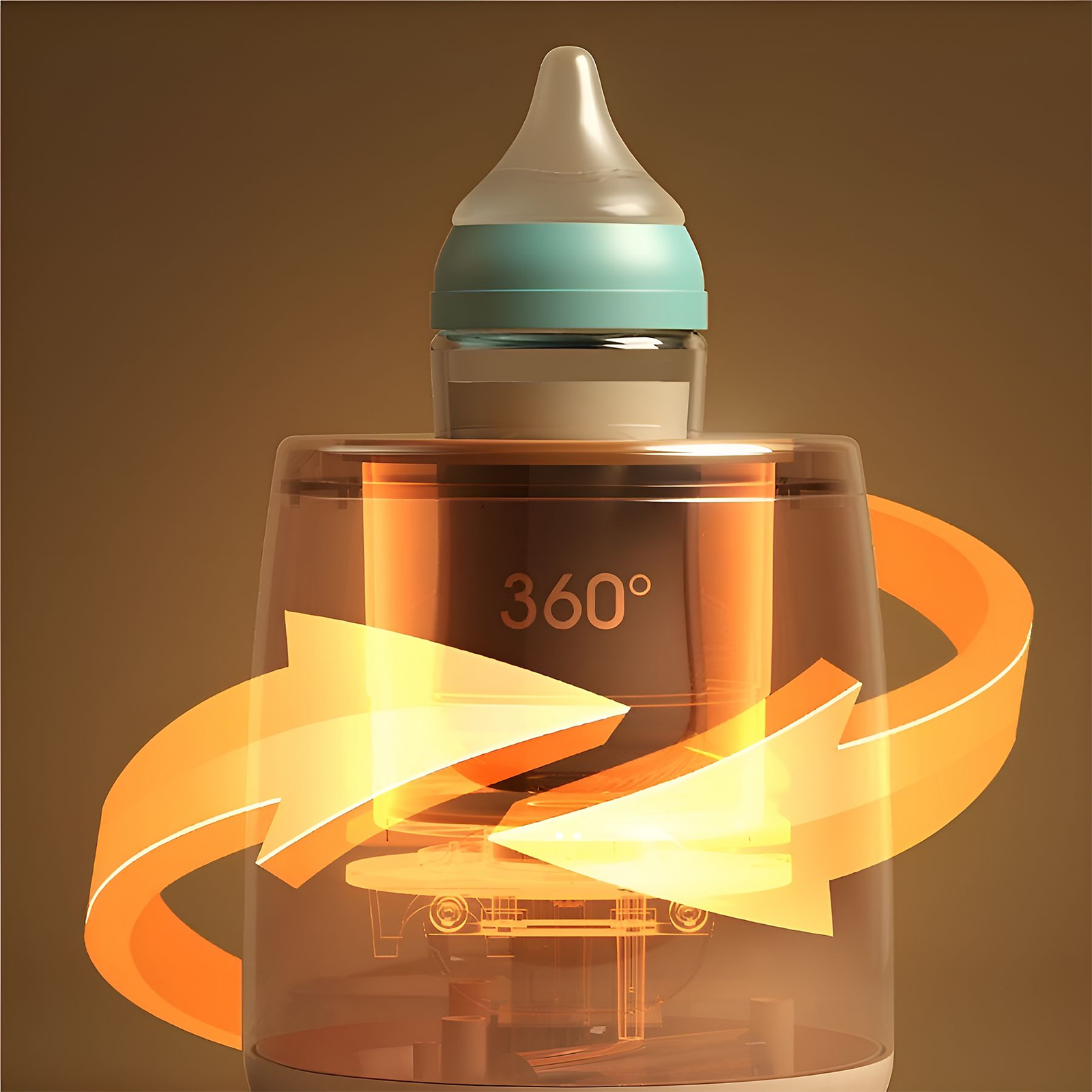 Babyflaschenwärmer mit Flasche. Pfeile zeigen 360° Erwärmung. Der Wärmer ist cremefarben.