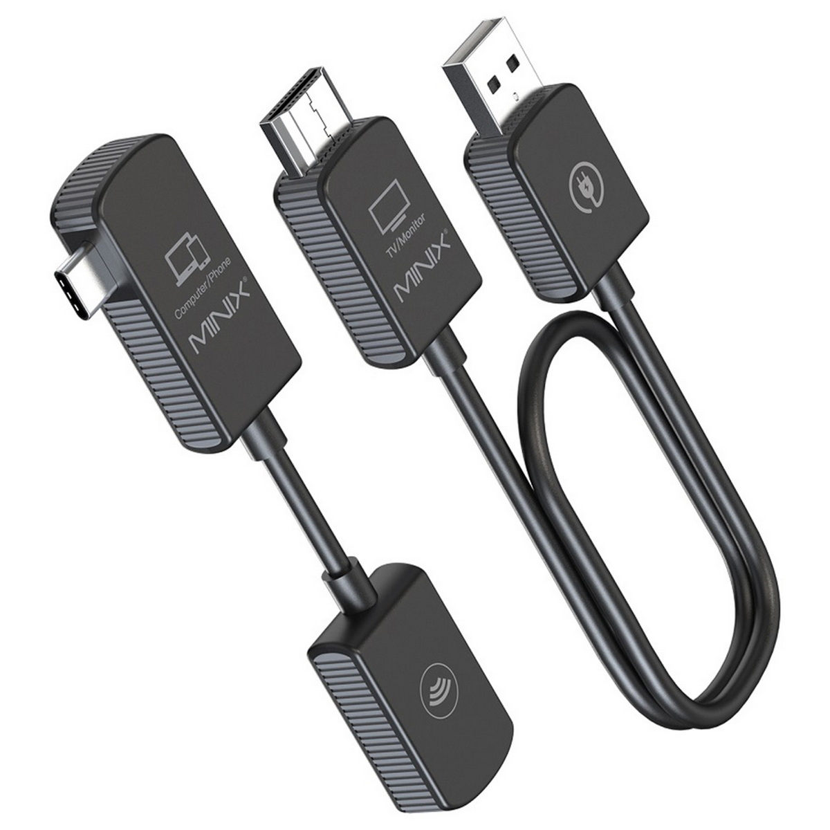 Drei MINIX-Adapter mit Kabeln, USB-C, HDMI und USB-Anschluss, alle schwarz.