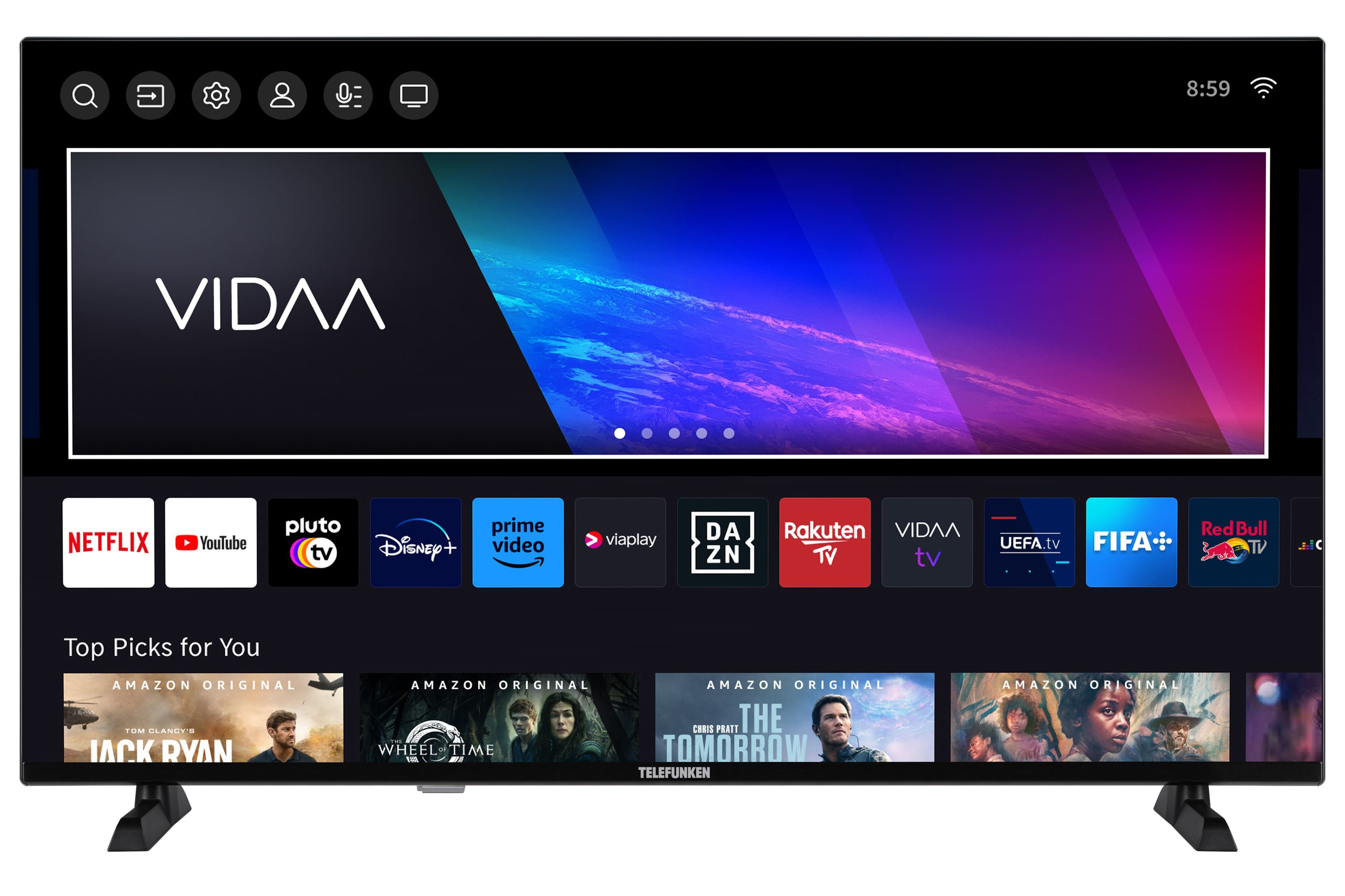 Ein schwarzer Fernseher mit VIDAA-Oberfläche, App-Symbolen und Zeitanzeige.