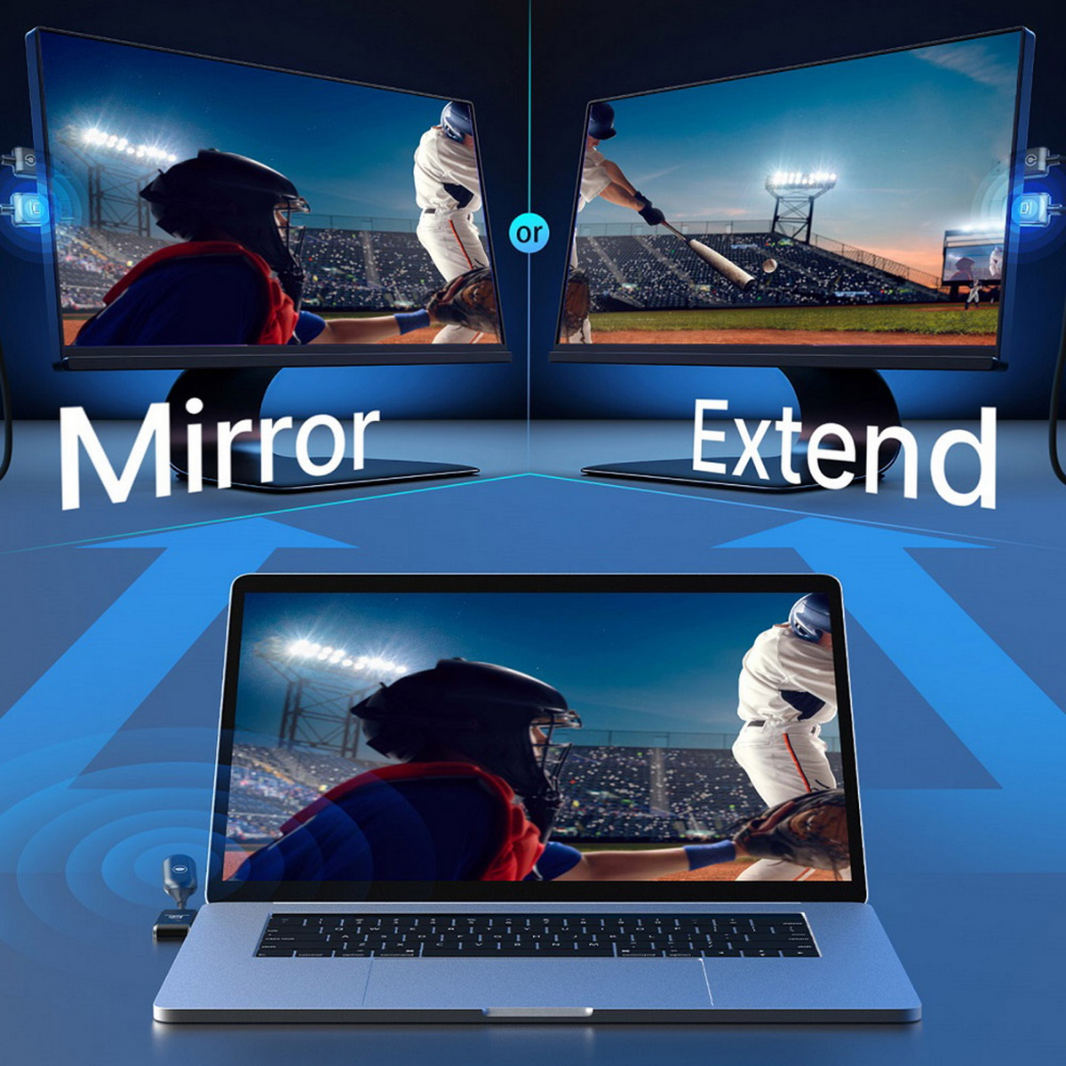 Laptop spiegelt oder erweitert Inhalte auf zwei Bildschirmen, Baseballspiel wird gezeigt.