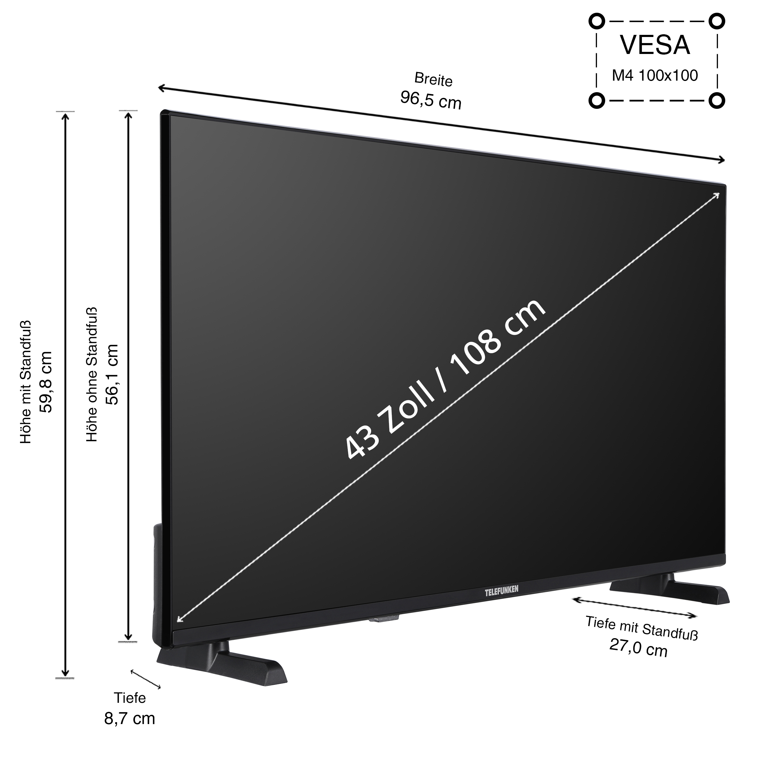 43" Telefunken TV mit Abmessungen und VESA-Befestigungspunkten.