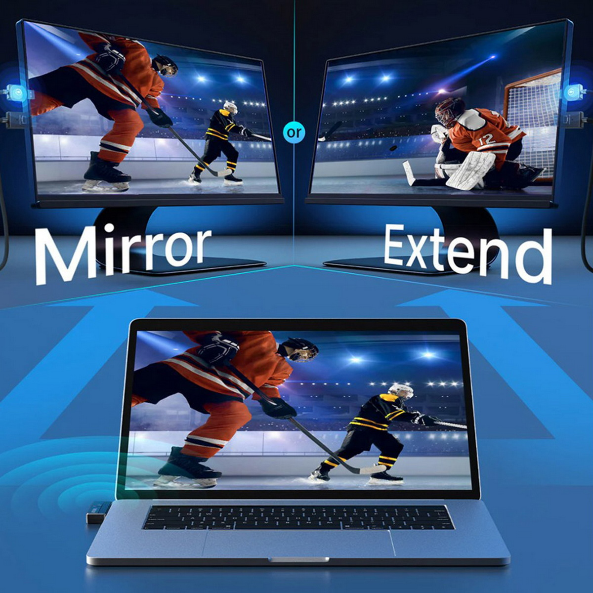 Zwei Bildschirme mit Hockeyspiel-Szenen, Spiegelung oder Erweiterung von einem Laptop.