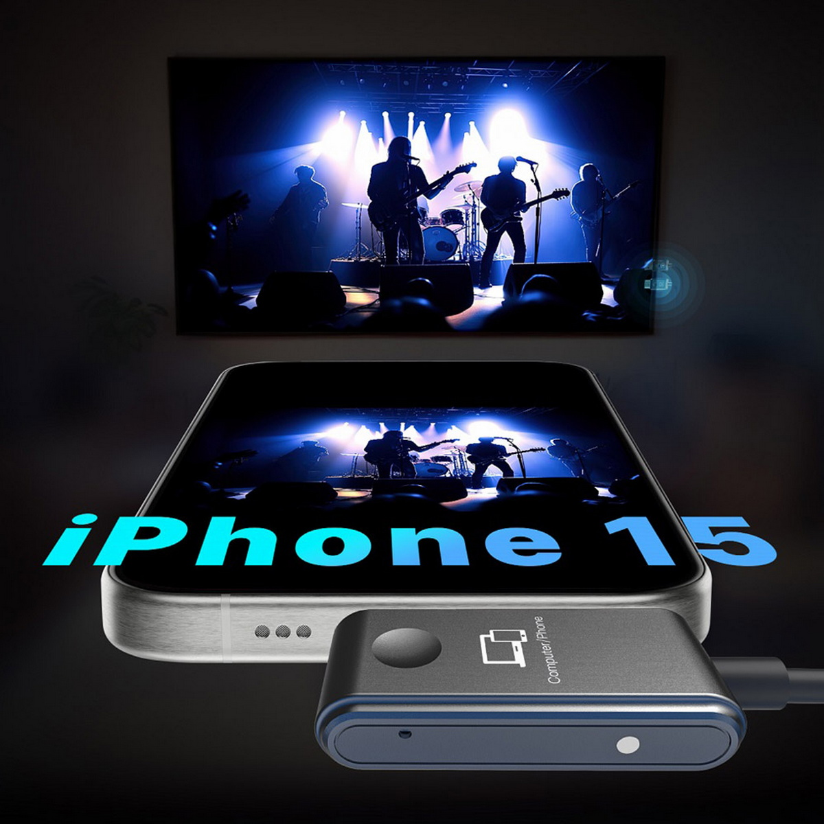 Eine Band auf einem Bildschirm, reflektiert auf einem Gerät. Text 'iPhone 15' wird angezeigt.