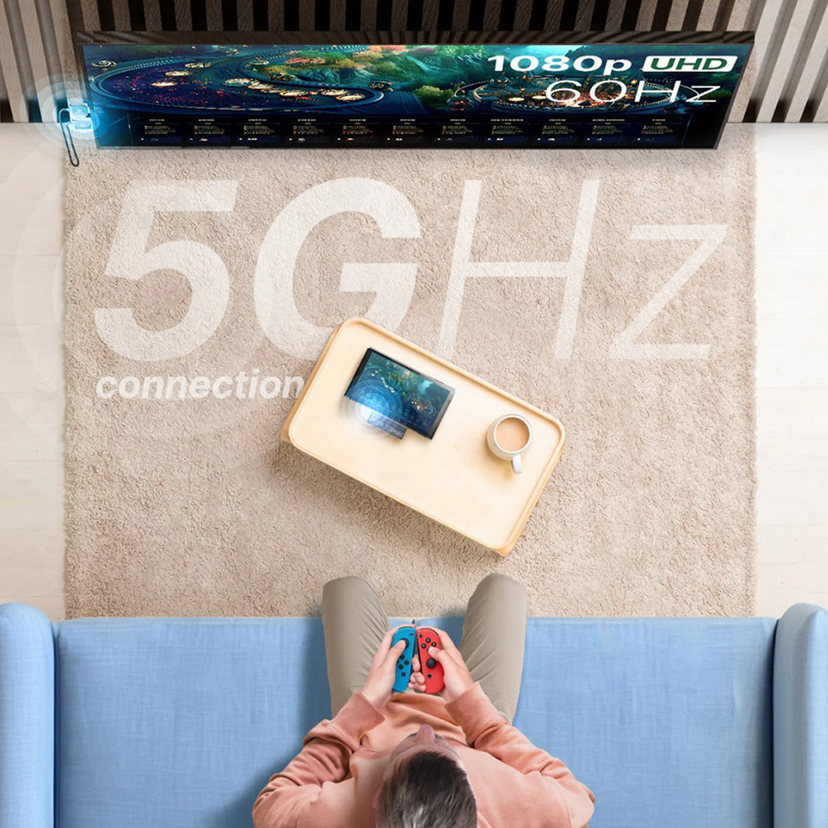 Eine Person sitzt auf einem Sofa mit Controller und schaut fern. 5GHz-Verbindung.