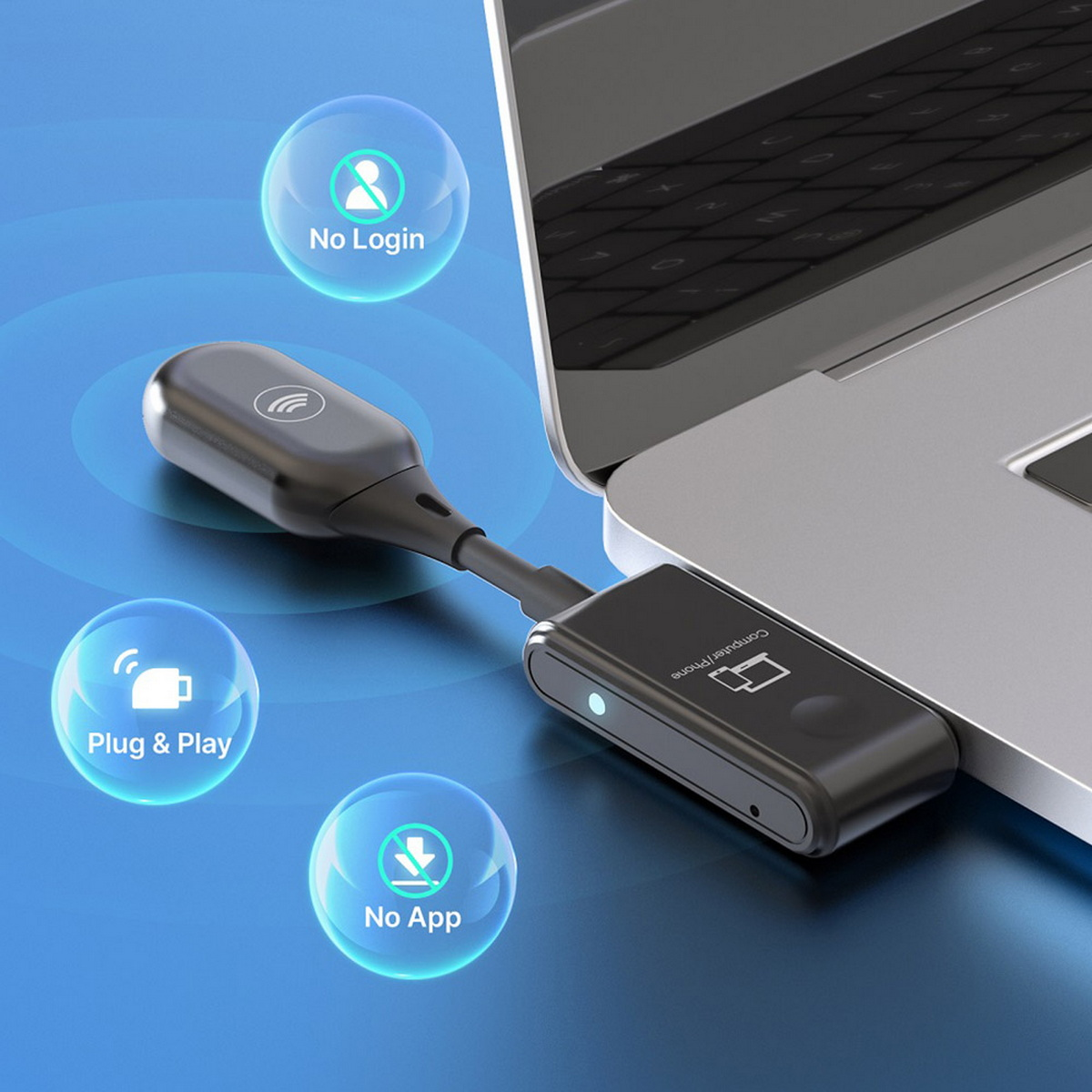 Gerät mit Laptop verbunden, zeigt 'No Login', 'Plug & Play' und 'No App' Funktionen.
