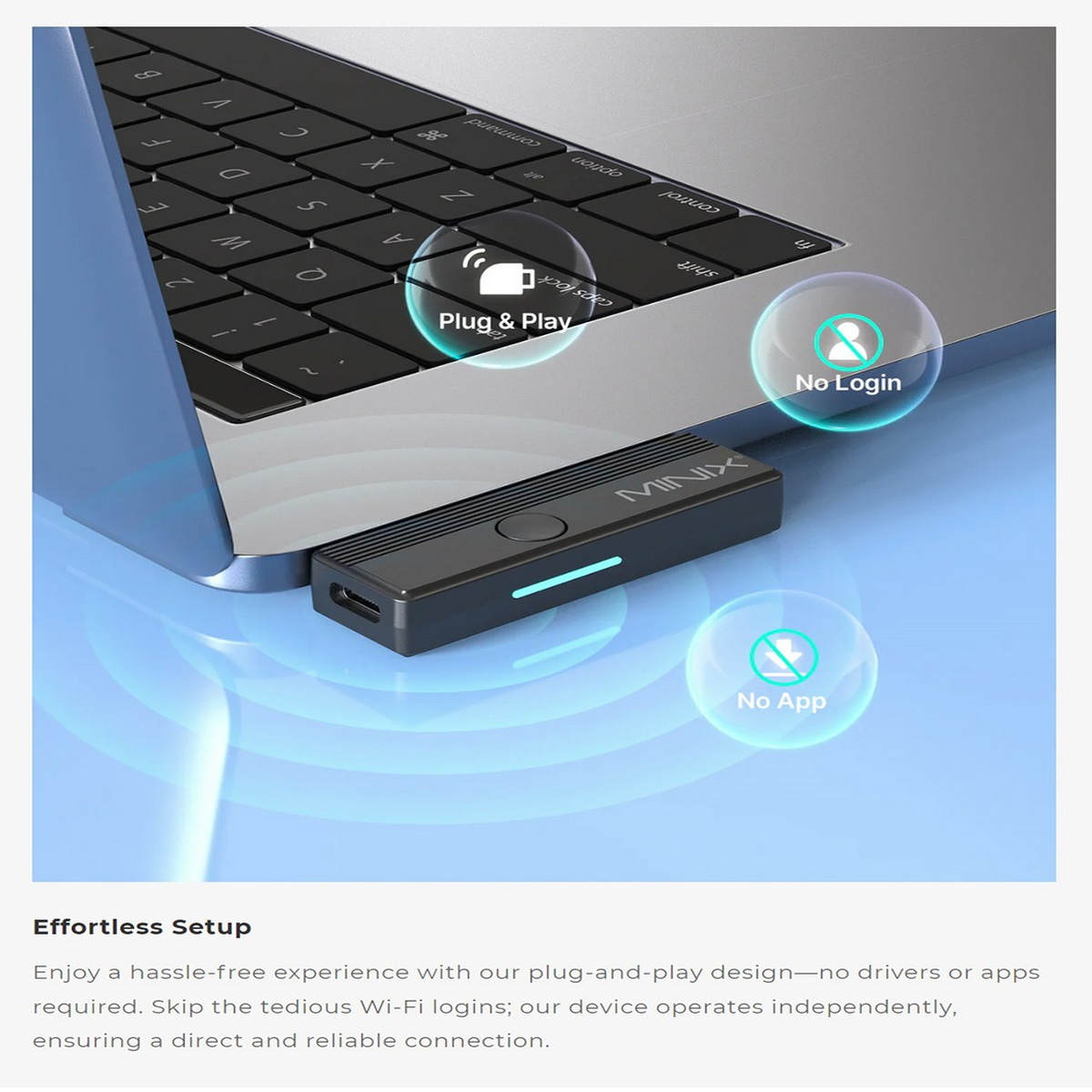 Laptop verbunden mit schwarzem Gerät mit drei Kreisen: Plug & Play, Kein Login, Keine App.