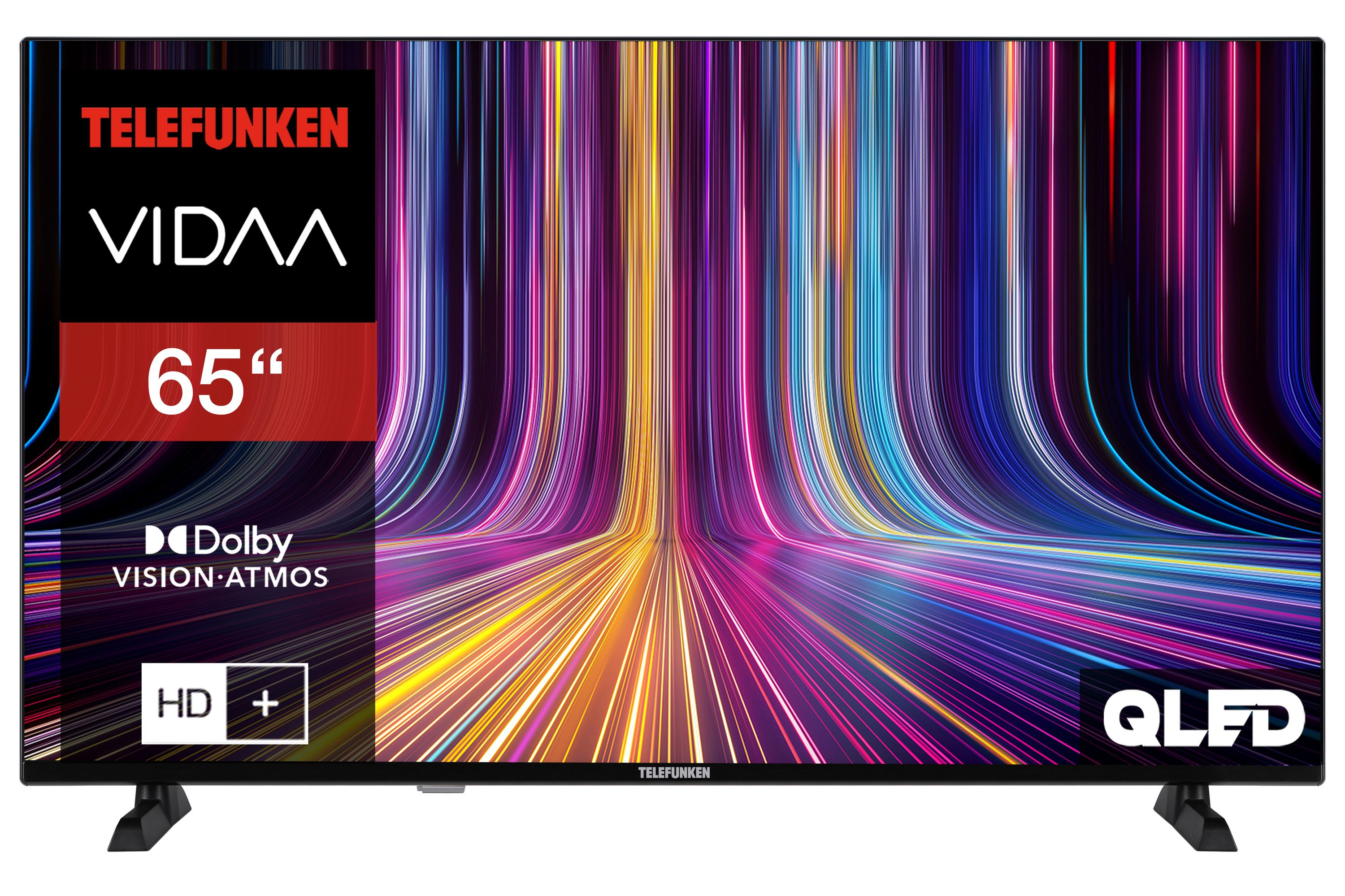 Ein großer Telefunken Fernseher mit farbenfrohem Bildschirm, auf einem schwarzen Ständer.