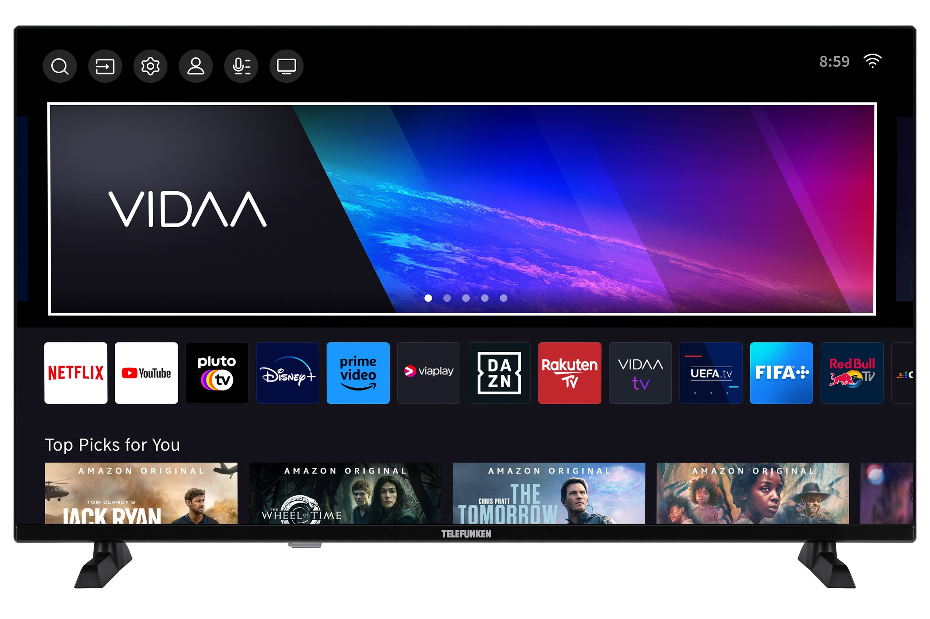 TV-Bildschirm mit sichtbaren Apps. Der Bildschirm zeigt Netflix, YouTube und mehr.