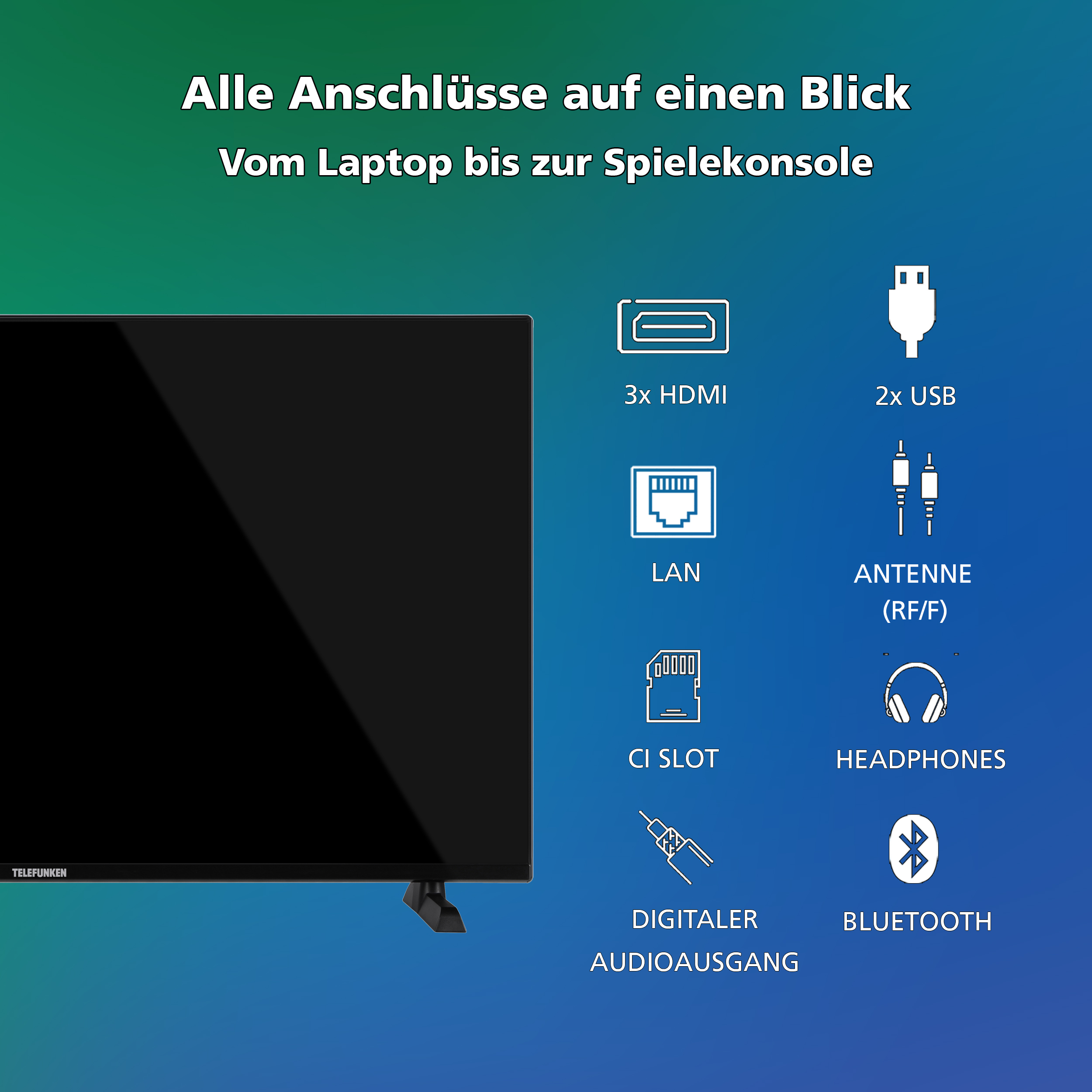 Ein Bildschirm zeigt verschiedene Anschlüsse und Symbole. Das Markenlogo befindet sich links.