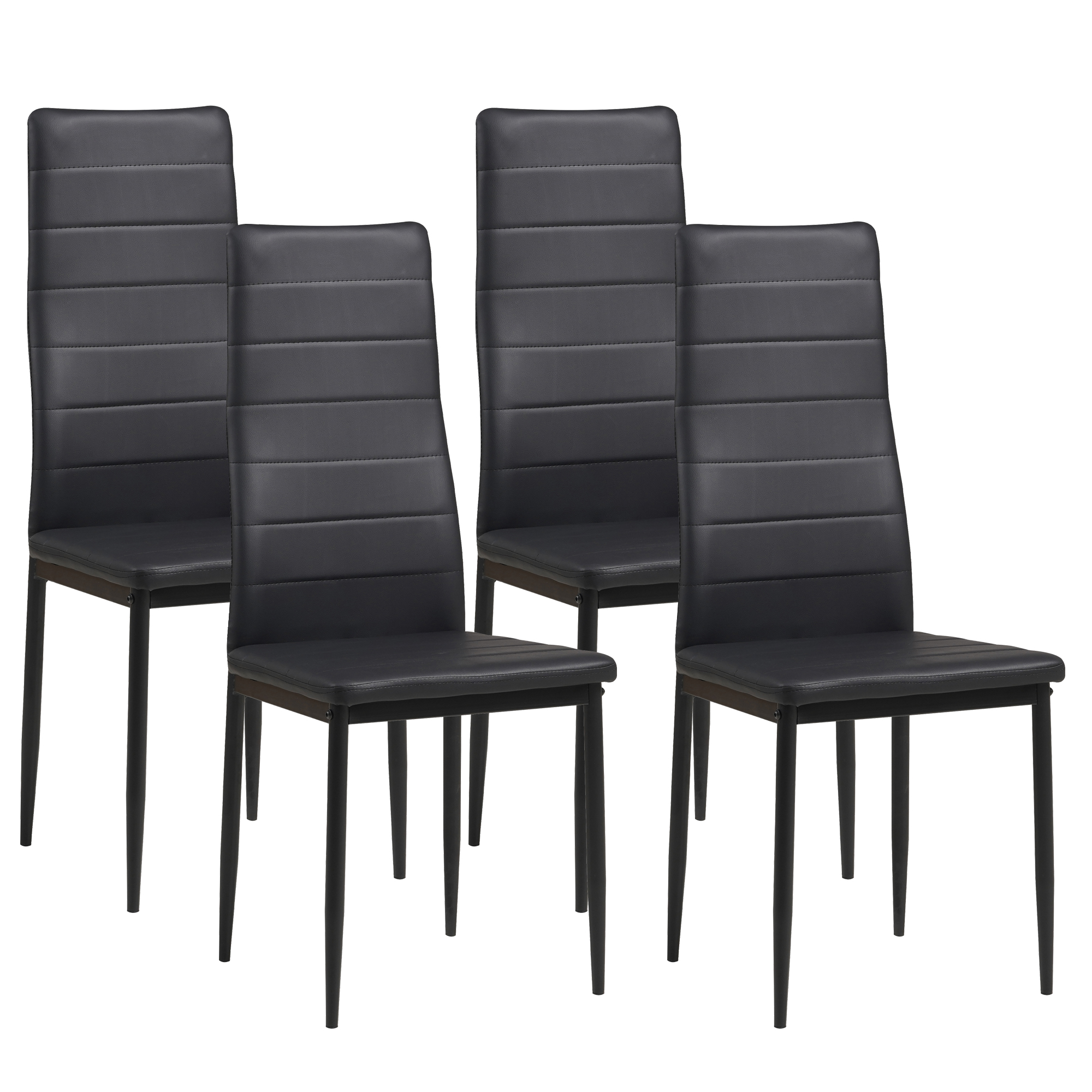 Vier schwarze Stühle mit hohen Rücken. Stühle haben vertikale Stepplinien. Weißer Hintergrund.