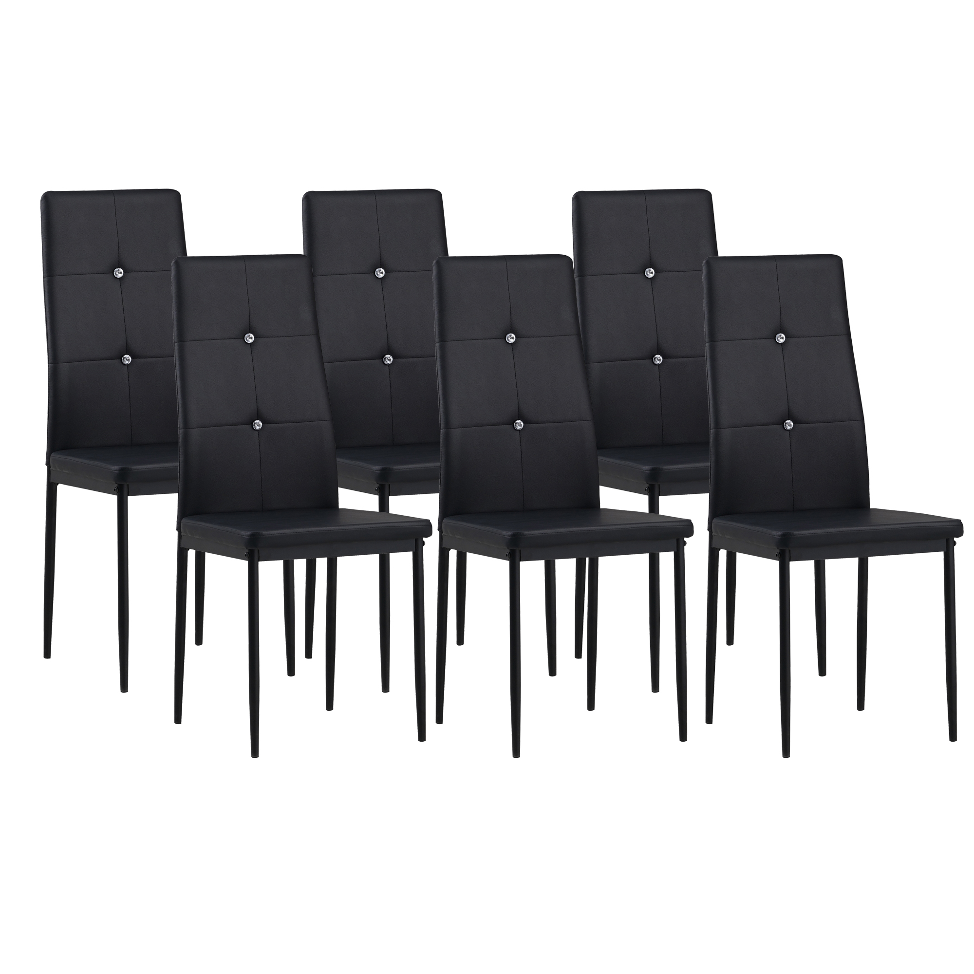 Sechs schwarze Stühle mit hohen Rücken. Stühle haben Knöpfe. Weißer Hintergrund.