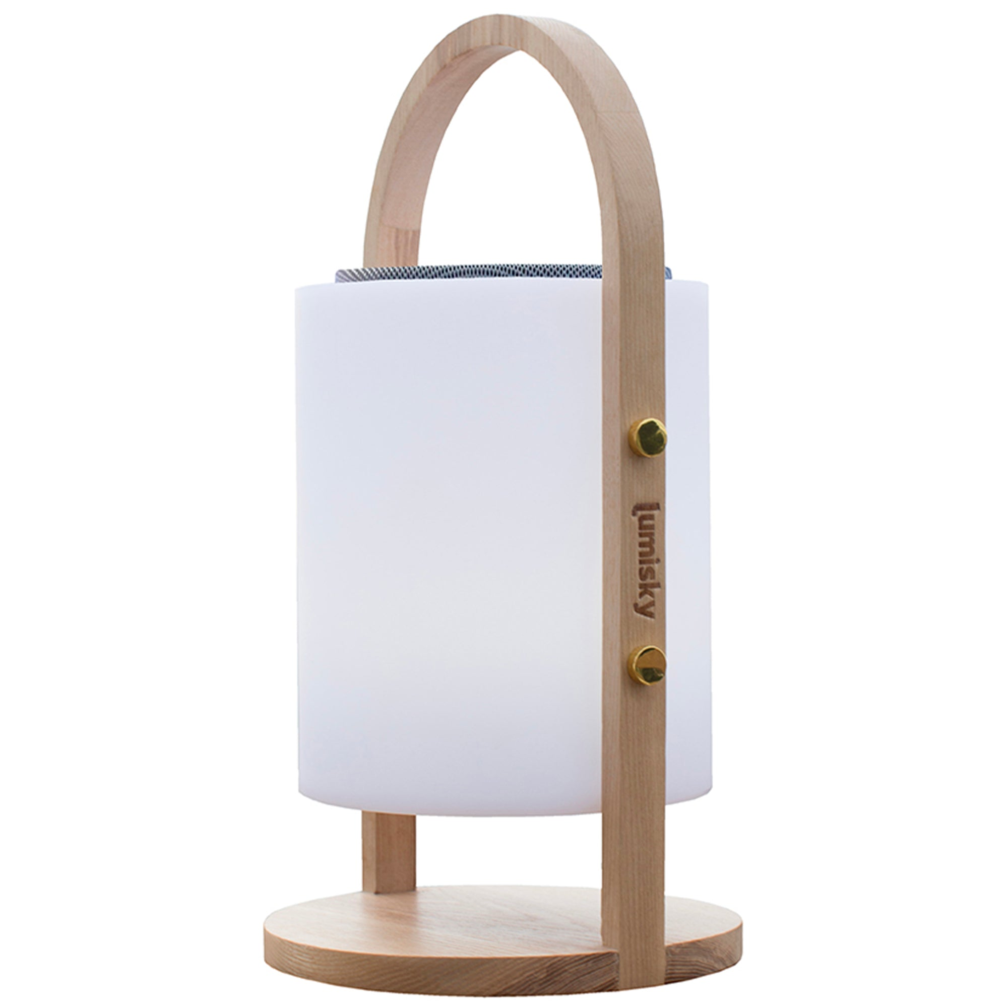 Una lampada cilindrica bianca con manico e base in legno. È un marchio lumisky.