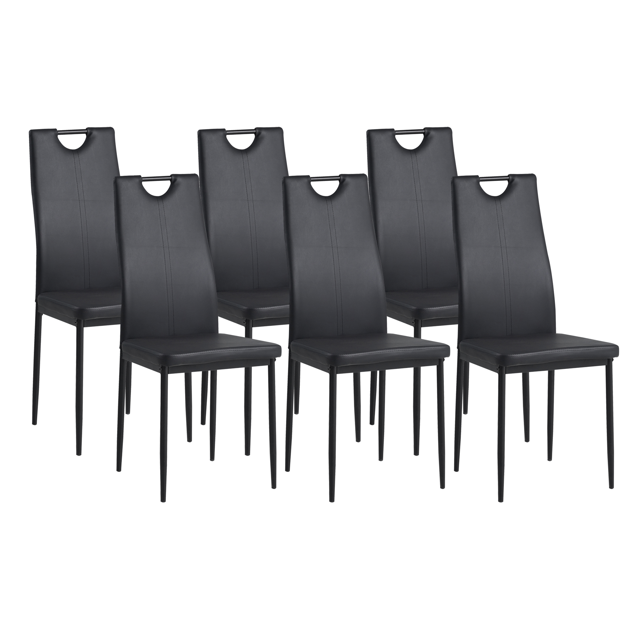 Sechs schwarze Stühle mit ausgeschnittenen Rückseiten und schwarzen Metallbeinen, in einer Reihe angeordnet.