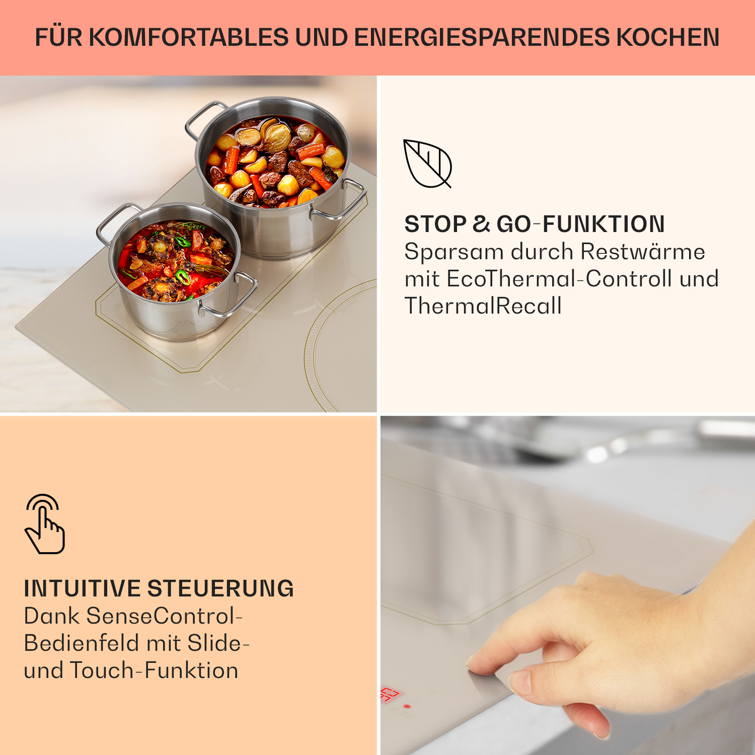 Ein Kochfeld mit zwei Töpfen, mit Text zur Stop-and-Go-Funktion und intuitiver Steuerung.