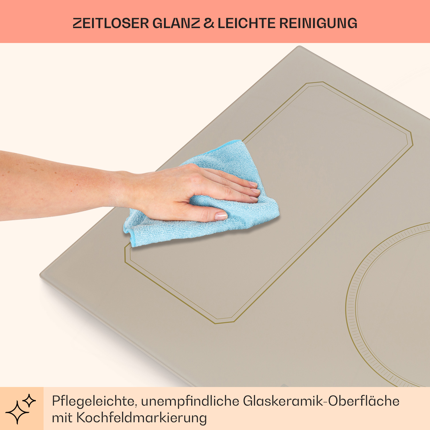 Eine Person, die ein beiges Induktionskochfeld mit einem blauen Tuch reinigt, und Text über Glaskeramik.