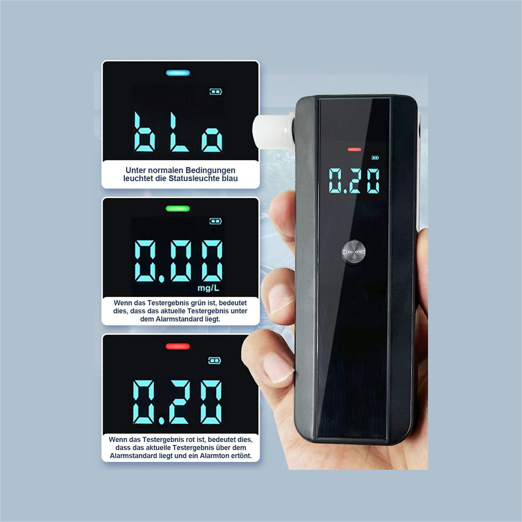 Ein Alkoholtester mit Anzeige. Blau für normal, grün für unter Alarm und rot für über Alarm.