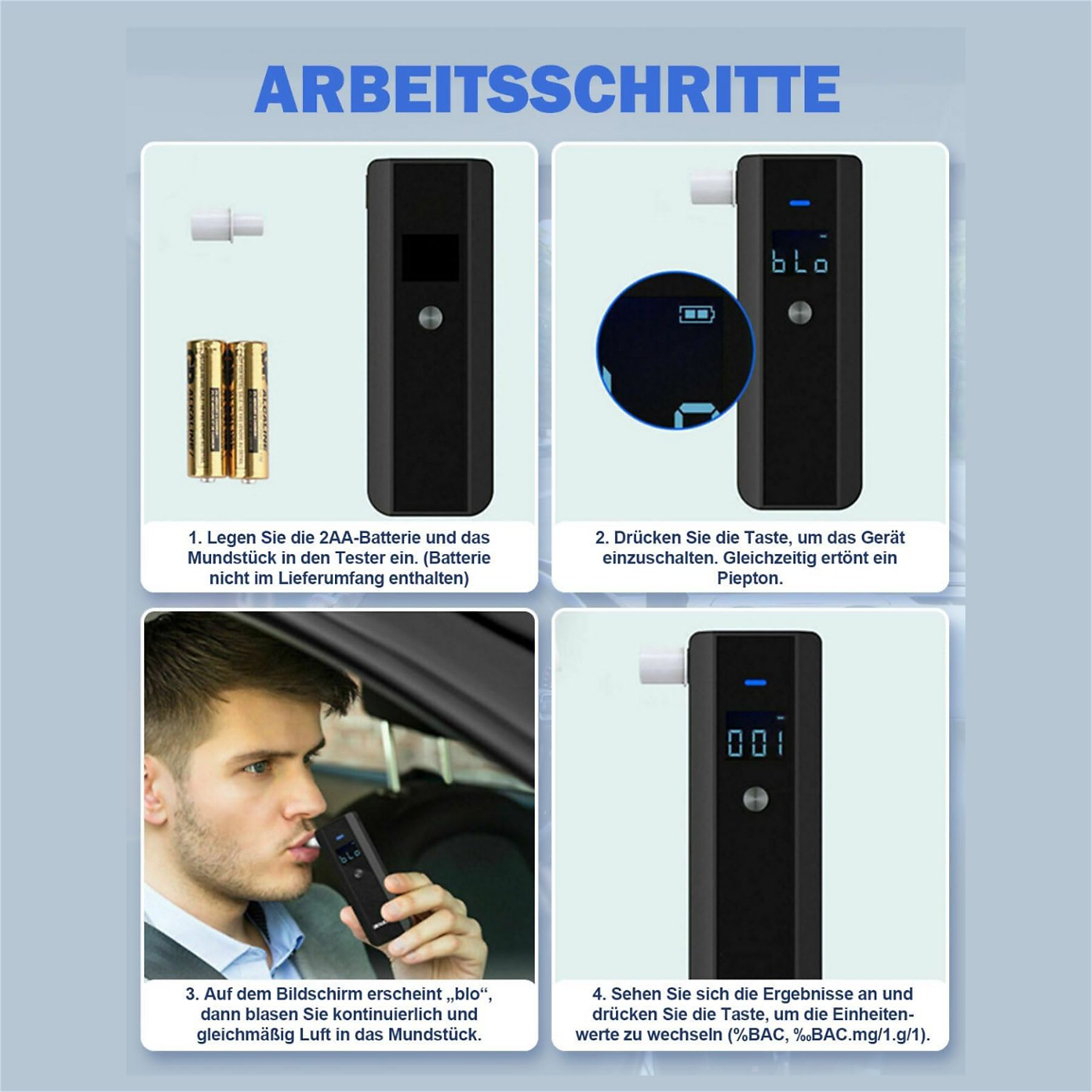Anweisungen zur Verwendung eines Alkoholtesters. Ein Mann benutzt ihn. Das Gerät zeigt einen 'blo'-Wert.
