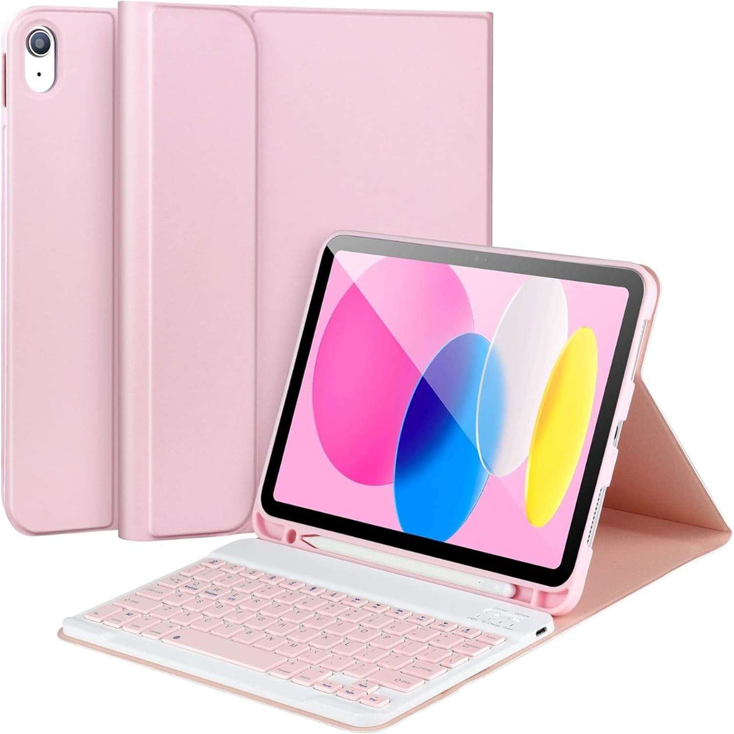 Ein pinkfarbenes iPad mit Tastaturhülle. Der Bildschirm zeigt ein Bild mit den Farben Blau, Pink und Gelb.