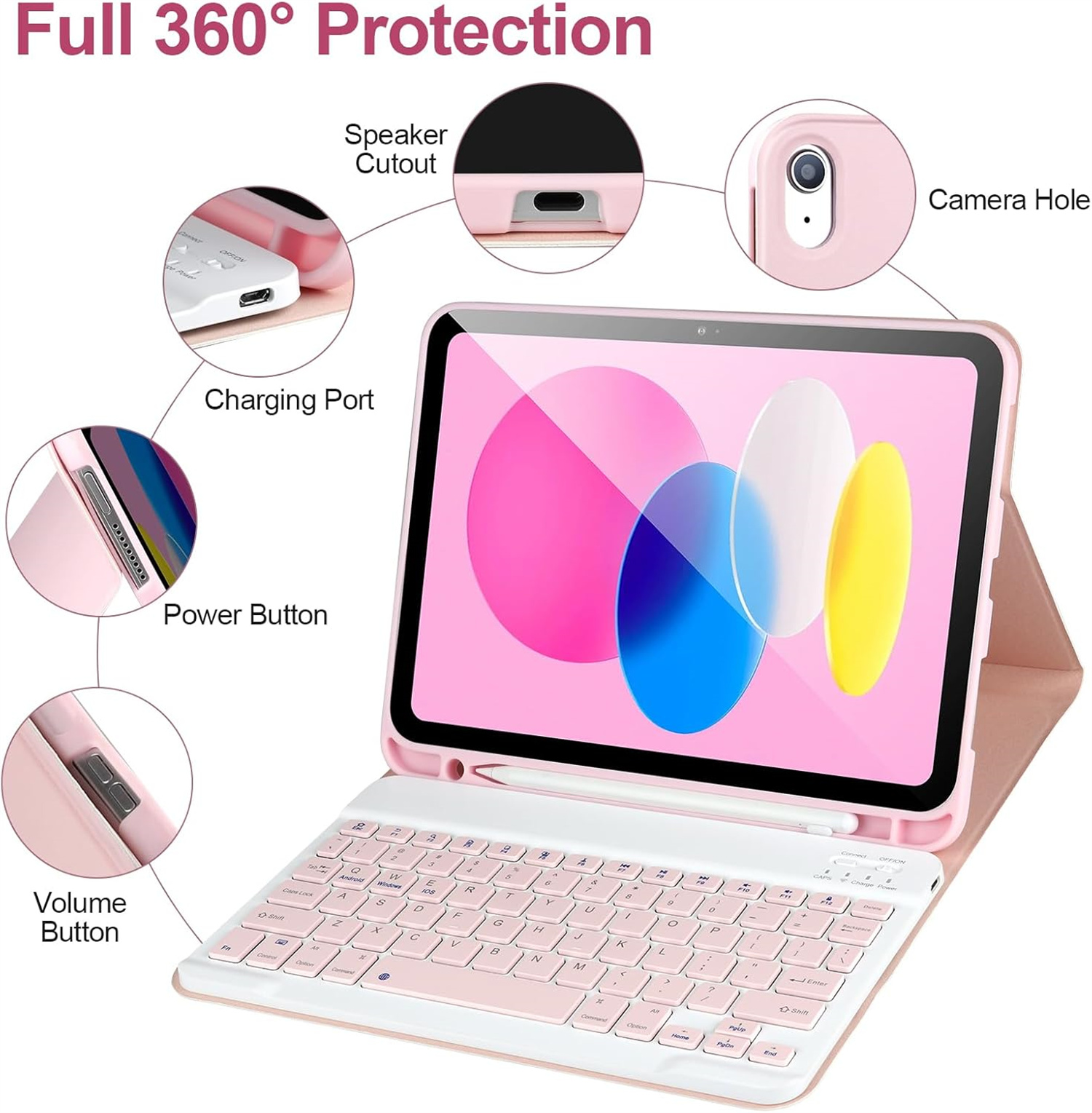 Rosa Tablet mit weißer Tastatur. Details zeigen Ladeanschluss, Kamera, Lautsprecherausschnitt und Lautstärketaste.