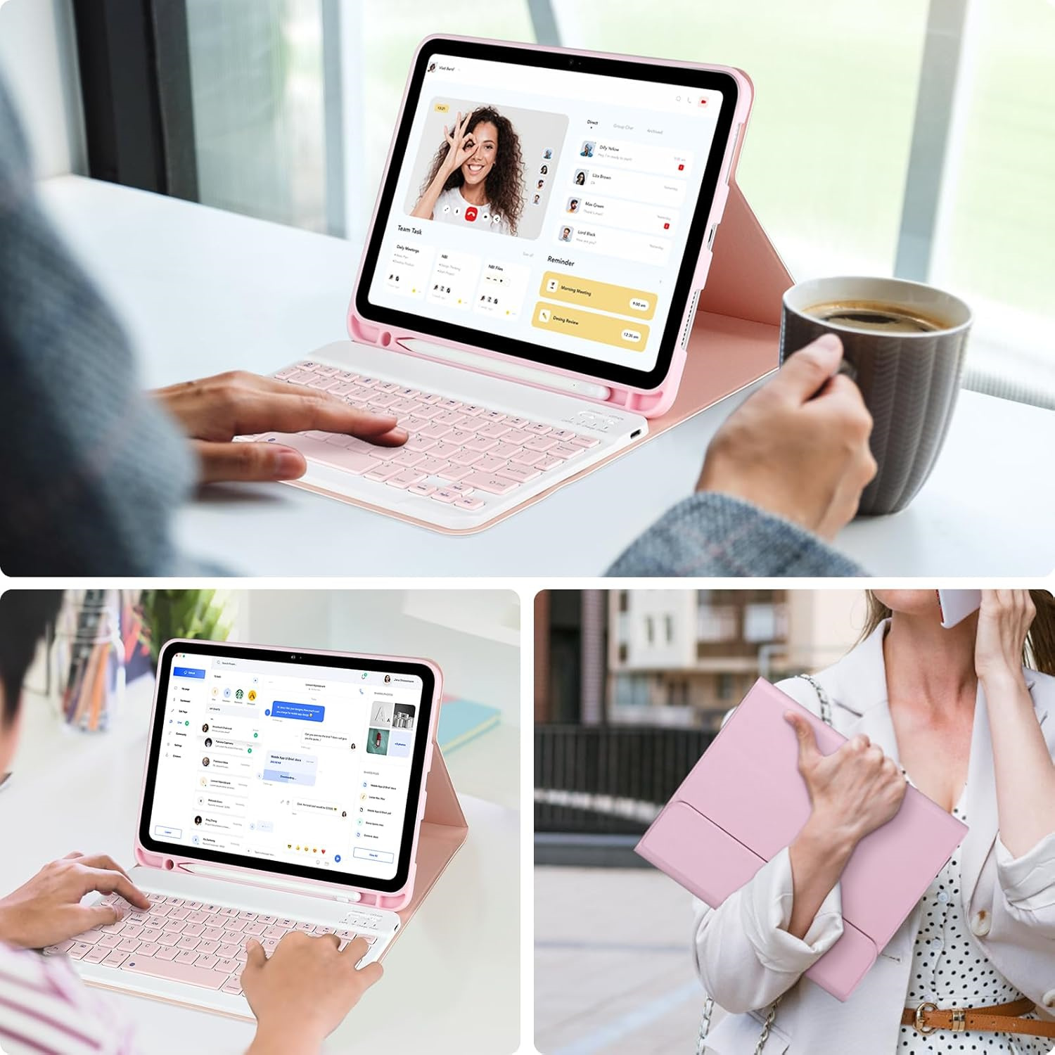 Bilder zeigen ein iPad mit Tastaturhülle in Gebrauch und eine Frau, die eine ähnliche rosa Hülle hält.