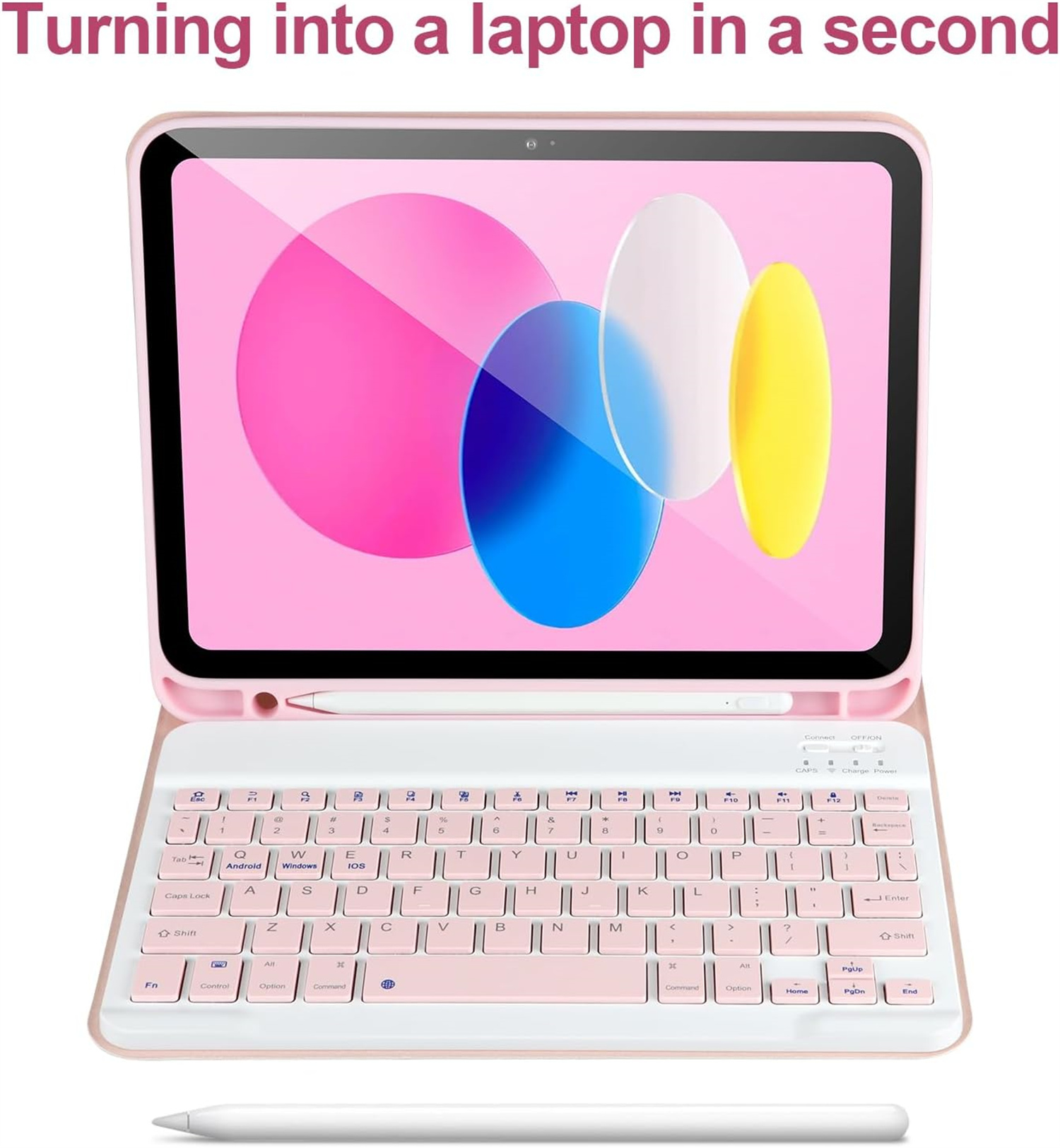 Rosa iPad mit Tastatur, verwandelt sich in einen Laptop. Weißer Stift unten. Rosa und weißes Farbschema.