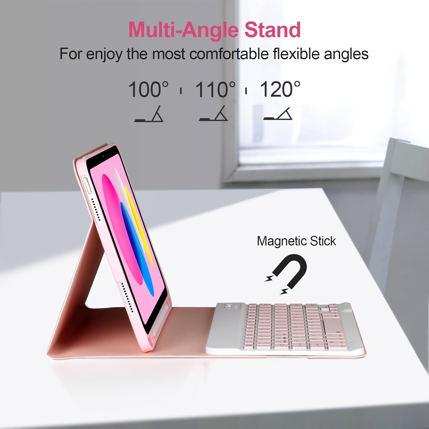 Rosa Tablet in einer Hülle, auf einem Tisch aufgestellt. Tastatur liegt darunter. Die Hülle hat einen Multi-Winkel-Ständer.
