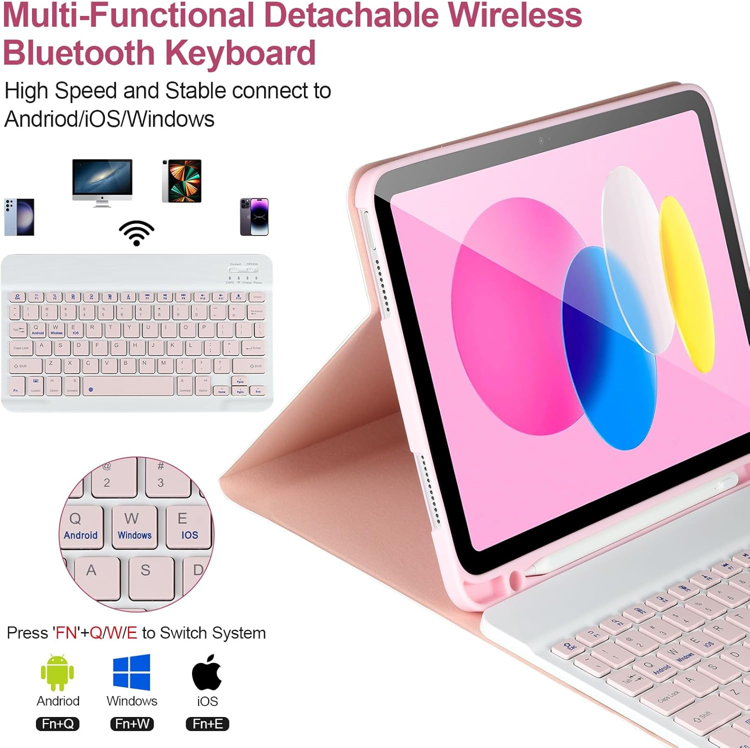 Rosa Tastatur am iPad. Enthält eine abnehmbare Tastatur, kompatibel mit Android, Windows und iOS-Systemen.