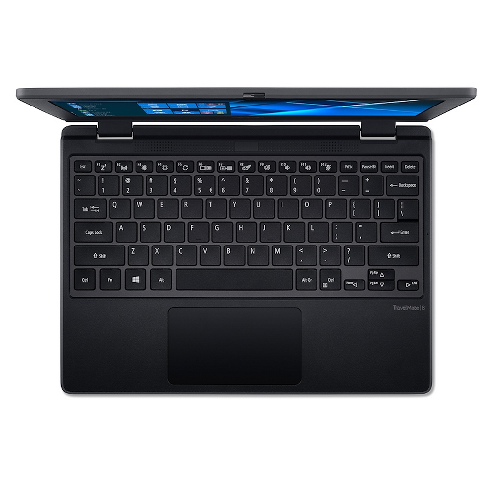 Laptop nero con tastiera, trackpad e schermo aperto che mostra Windows. La tastiera ha lettere bianche.