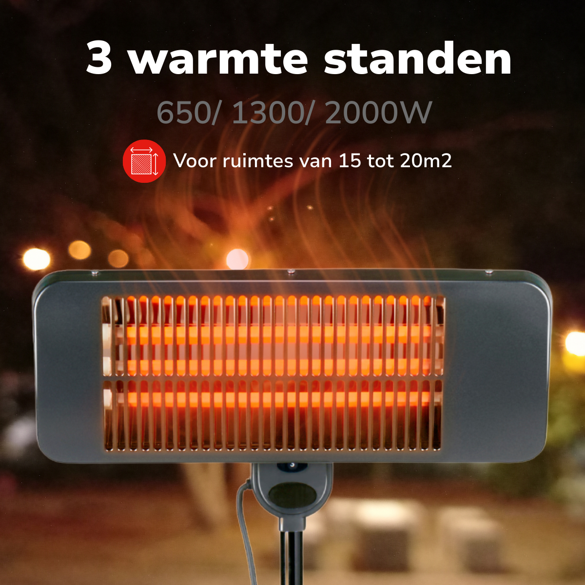 Gros plan sur un radiateur de terrasse avec des éléments rouges incandescents, texte en néerlandais, fond sombre.