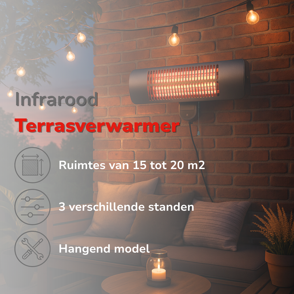Scène extérieure avec un radiateur de terrasse sur un mur de briques, texte en néerlandais, éclairage doux.