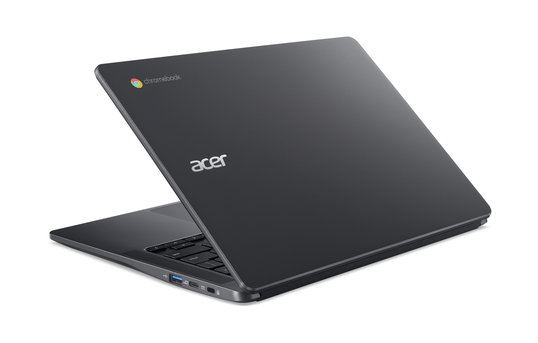 Laptop Chromebook nero leggermente aperto, mostra il retro con il logo Acer e il logo Chrome.