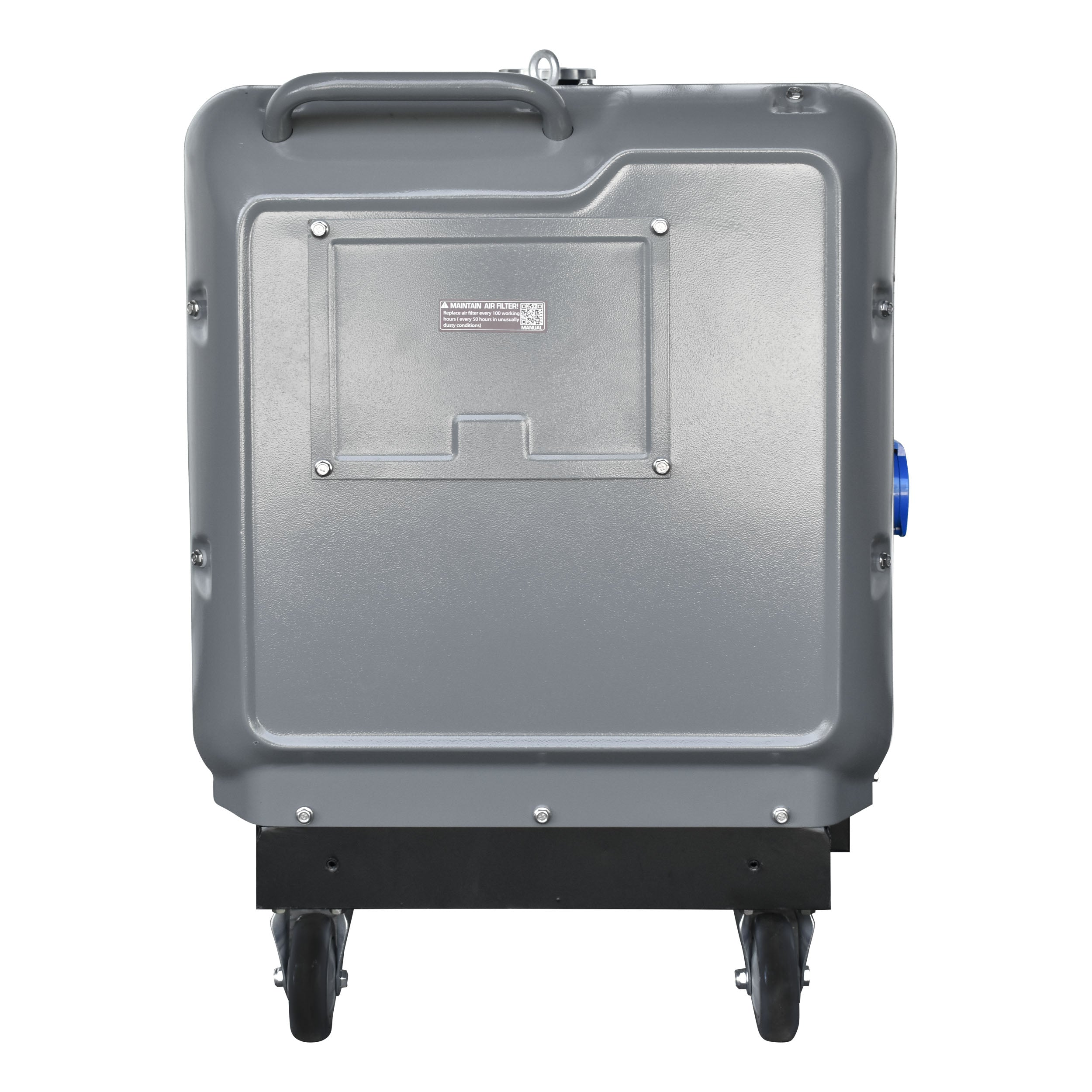 Szary generator z czarną podstawą i kołami. Widok z tyłu, z uchwytem i niebieską wtyczką. Białe tło.