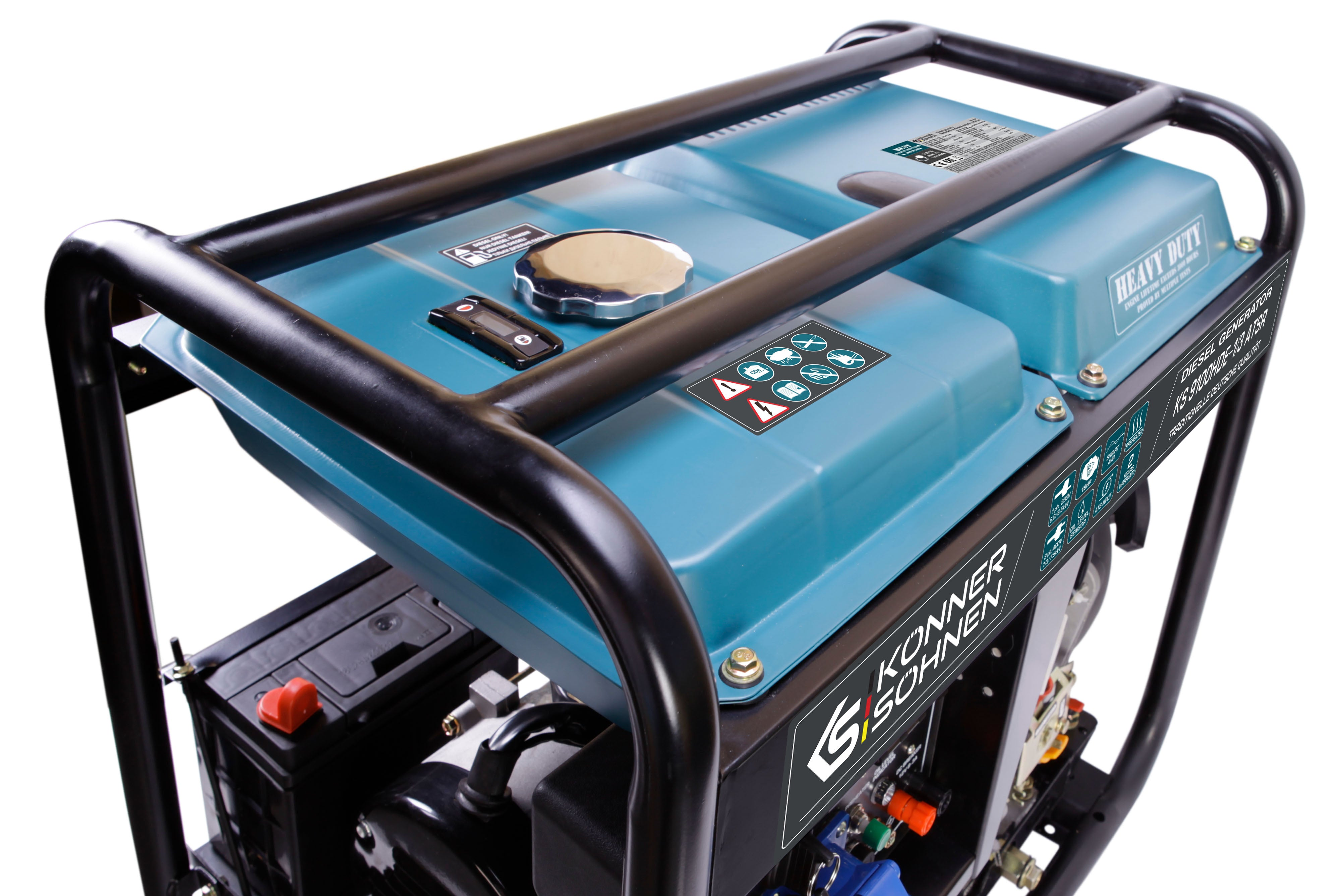 Zbliżenie generatora z czarną ramą, niebieskim wierzchem. Widoczna etykieta Heavy Duty. Białe tło.