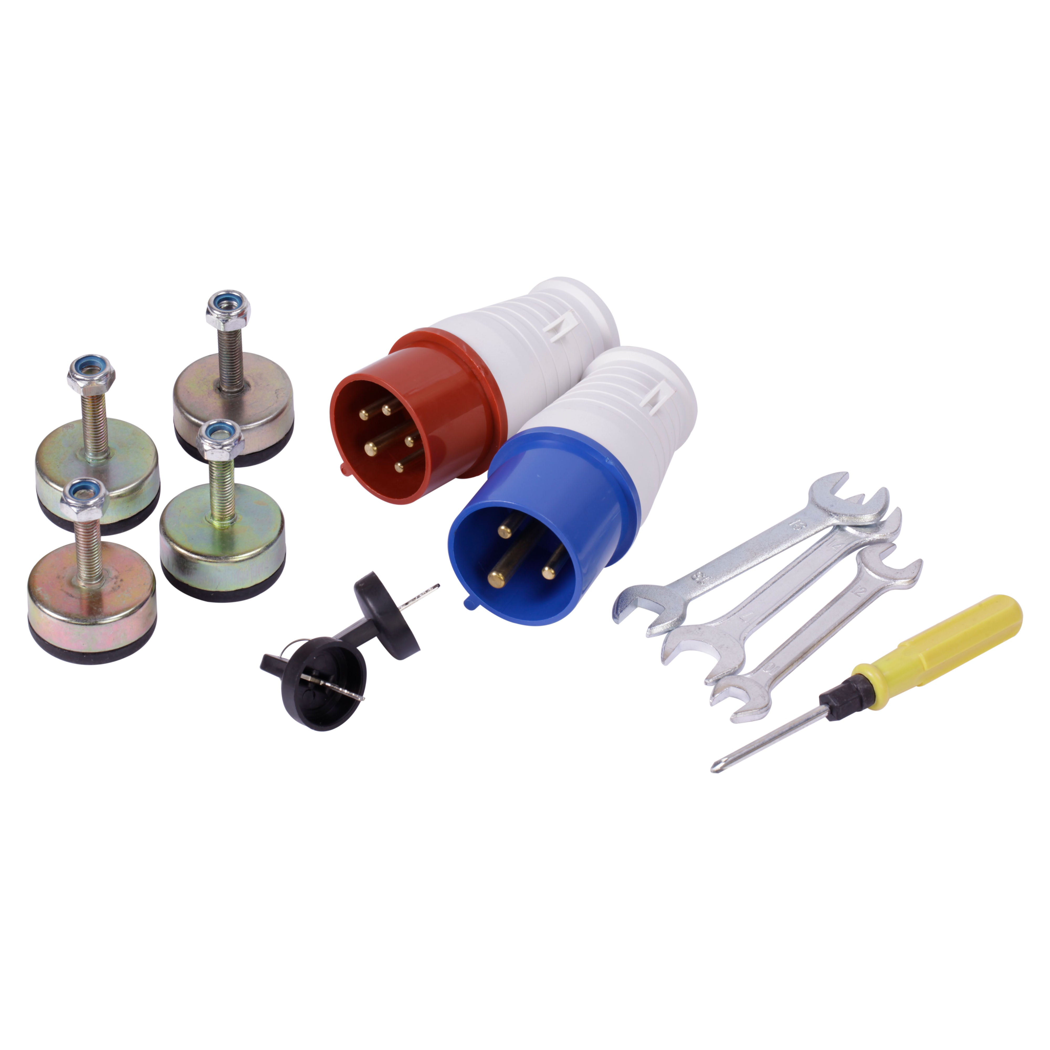 Narzędzia i akcesoria: śruby, wtyczki, klucze i śrubokręt. Przedmioty znajdują się na białej powierzchni.