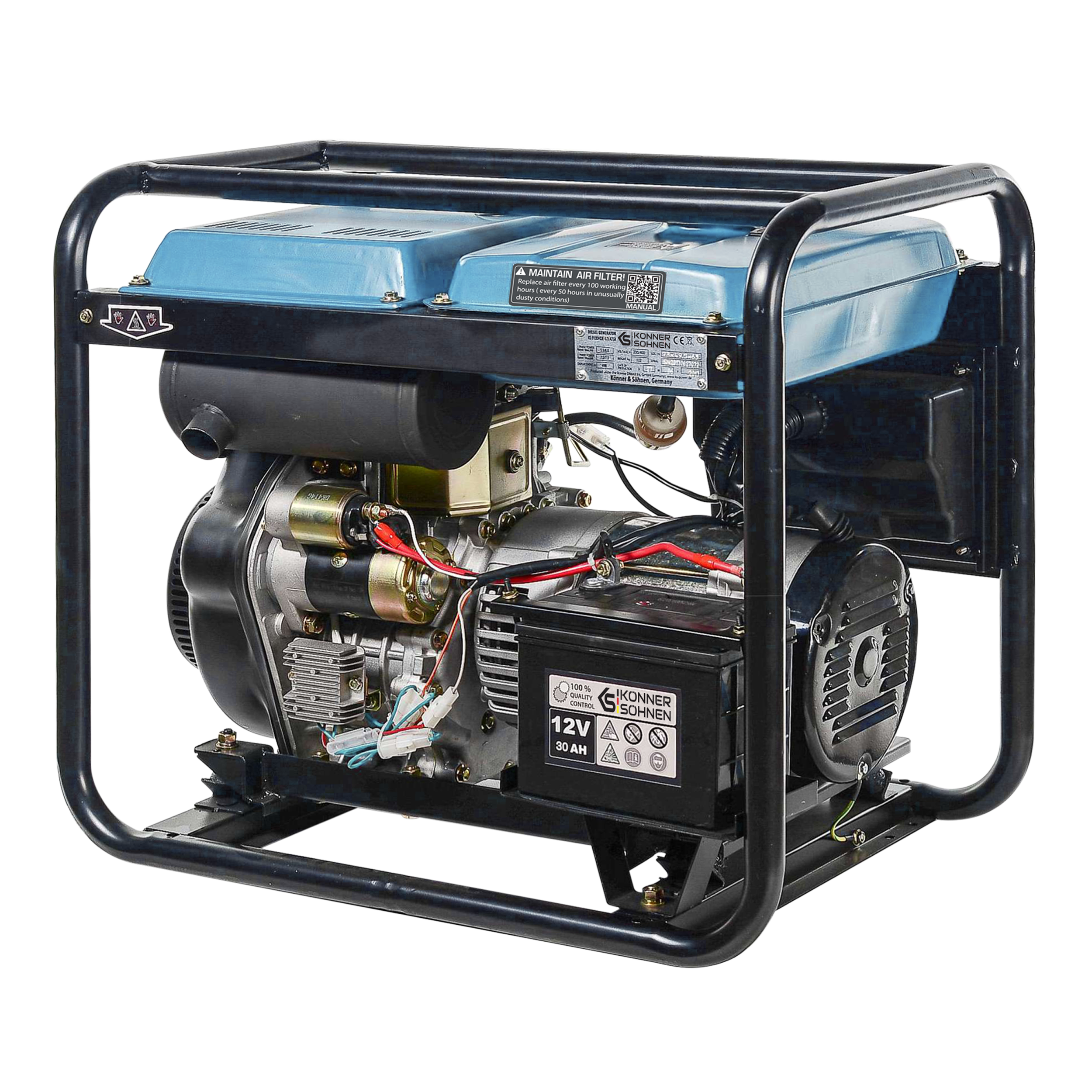 Generator z czarną ramą, niebieskim wierzchem i elementami silnika. Widoczne akumulator i połączenia elektryczne. Czarne tło.