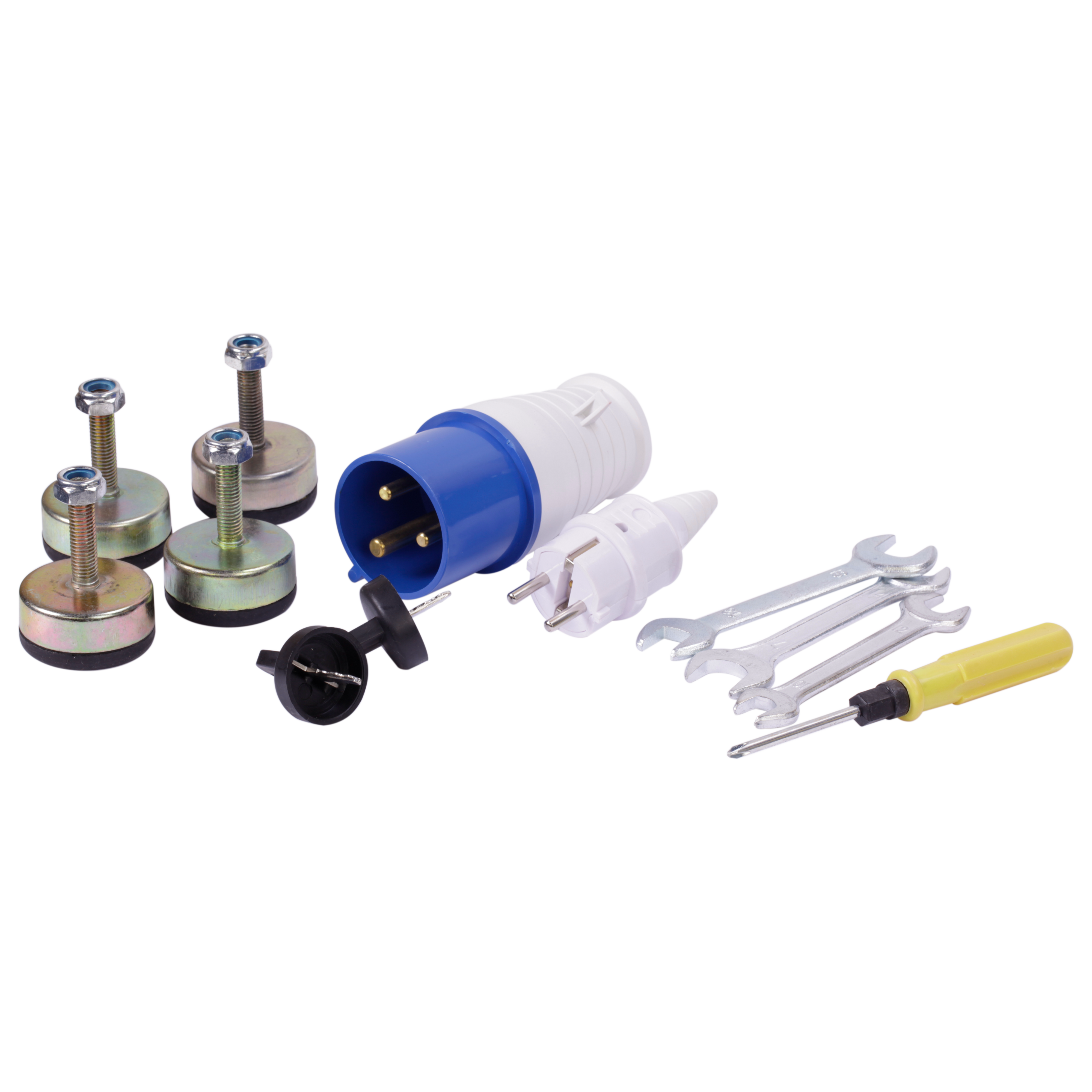 Narzędzia i akcesoria: śruby, wtyczki, klucze i śrubokręt na czarnym tle. Elementy są skonfigurowane.