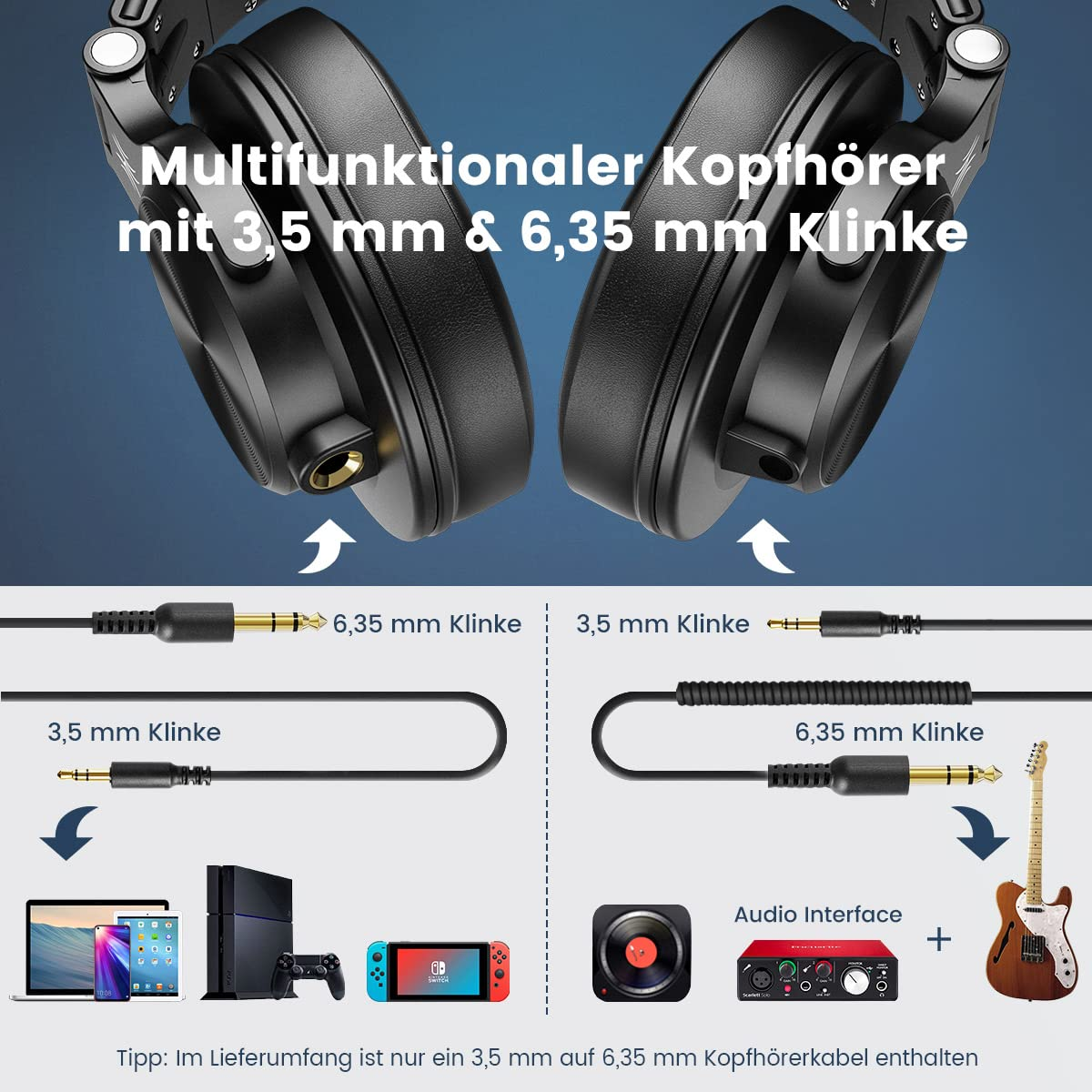 Zwei Kopfhörer mit Kabeln und verschiedenen Geräteanschlüssen, darunter eine Gitarre.