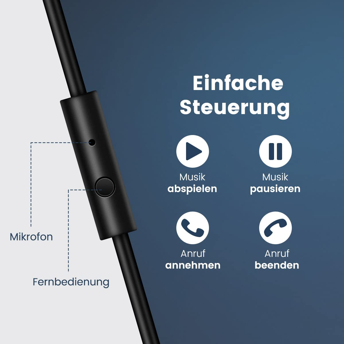 Nahaufnahme von schwarzen In-Ear-Kopfhörern, die Steuertasten und Text auf Deutsch zeigen.