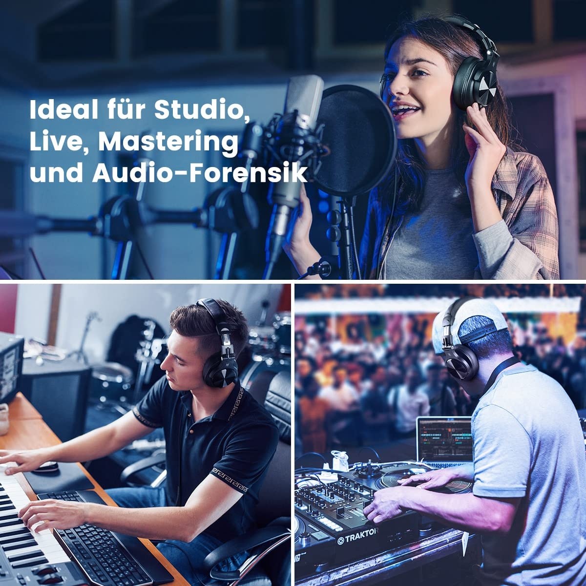 Drei Bilder von Personen, die Kopfhörer im Studio, beim Keyboard spielen und DJing verwenden. Weißer Text oben.