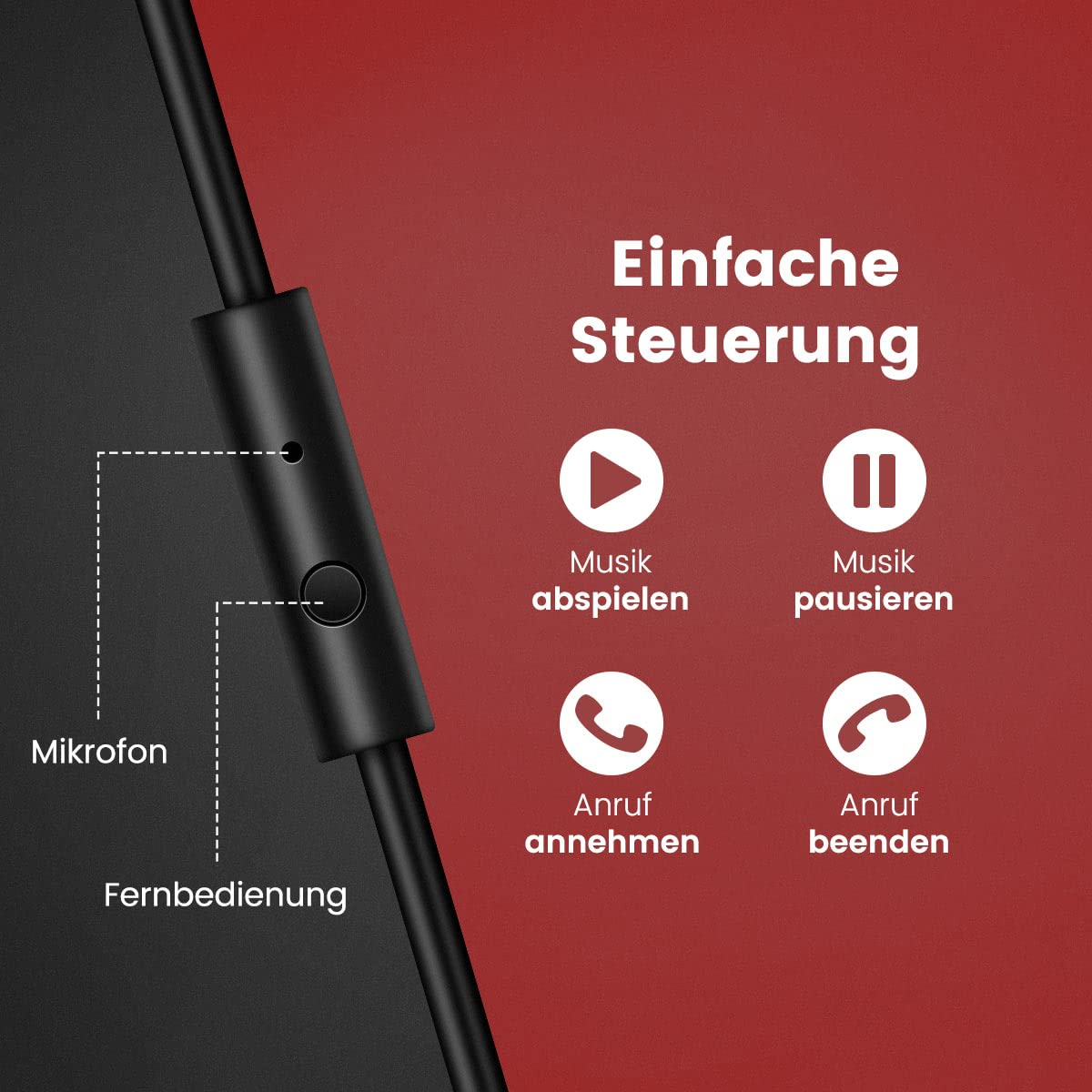 Nahaufnahme von schwarzen In-Ear-Kopfhörern mit Steuertasten und deutschem Text.