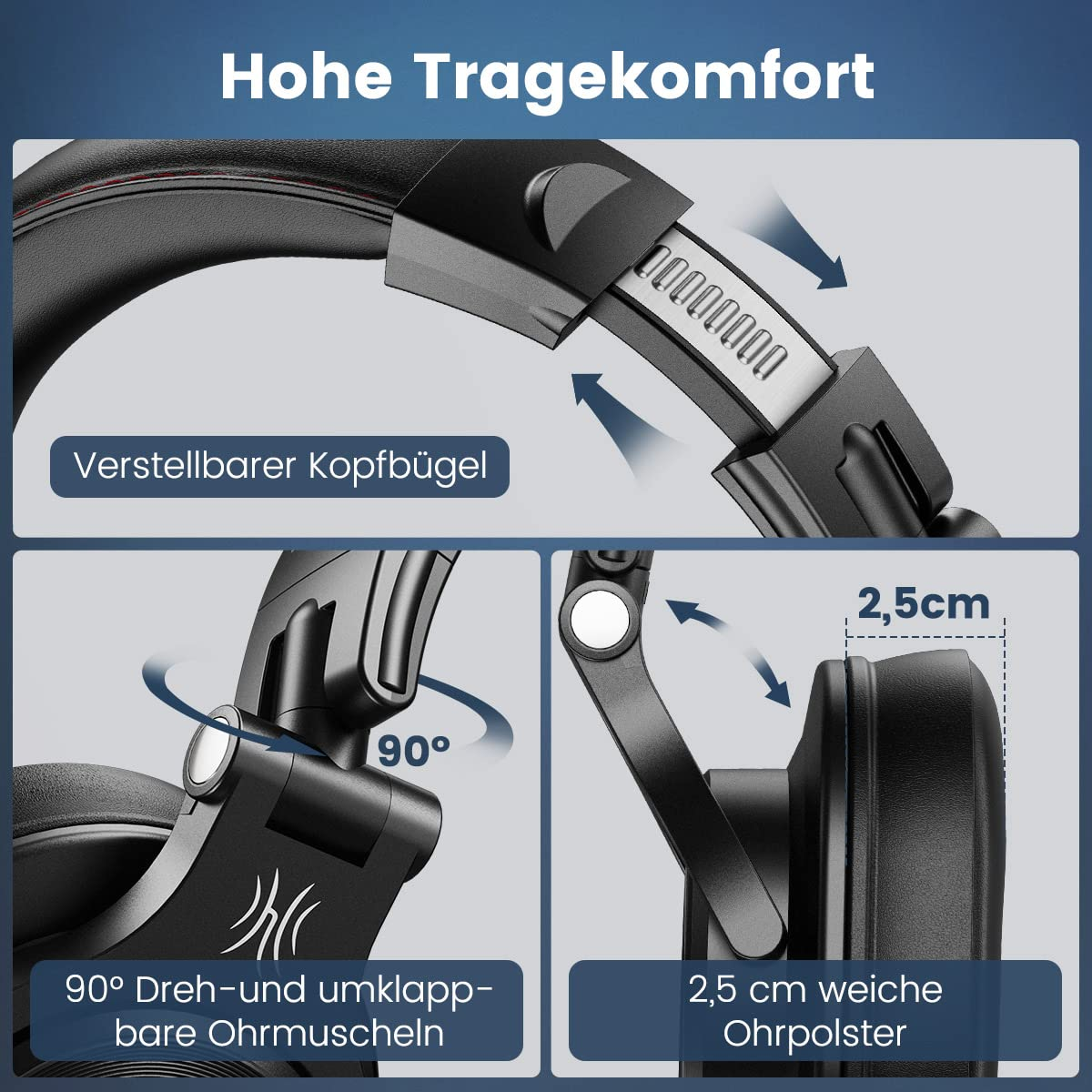 Nahaufnahme von schwarzen Kopfhörern mit verstellbarem Kopfbügel und Ohrmuscheln. Text über Komfort und Drehung. Weißer Hintergrund.