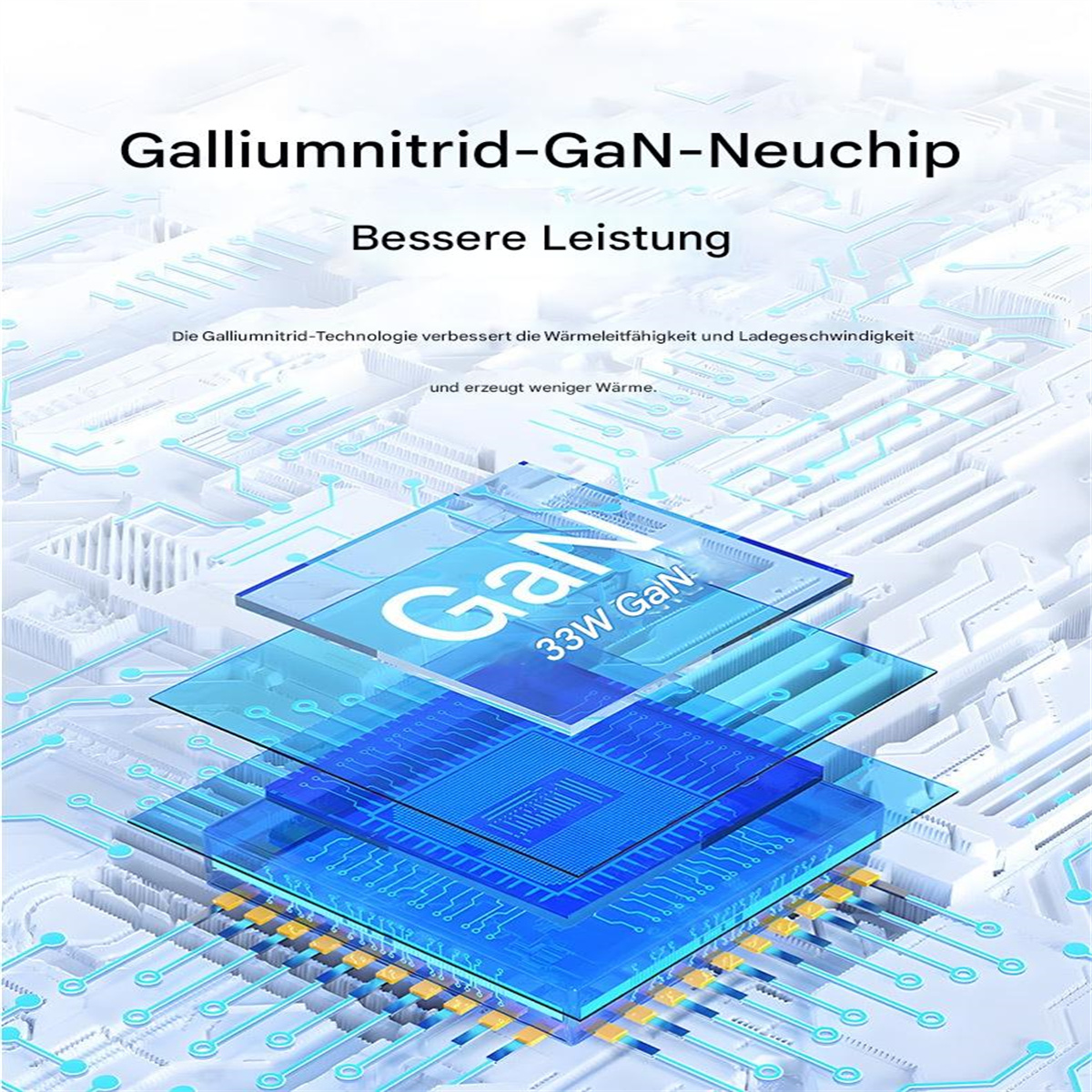 Ein technisches Diagramm einer Leiterplatte mit Text über die GaN-Neuchip-Technologie. Weißer Hintergrund.