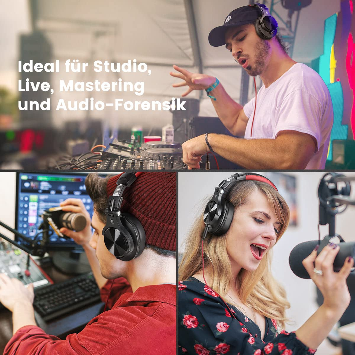 Vier Bilder zeigen Personen, die schwarze Kopfhörer verwenden. Ein DJ, ein Mann und eine Frau mit Mikrofonen.
