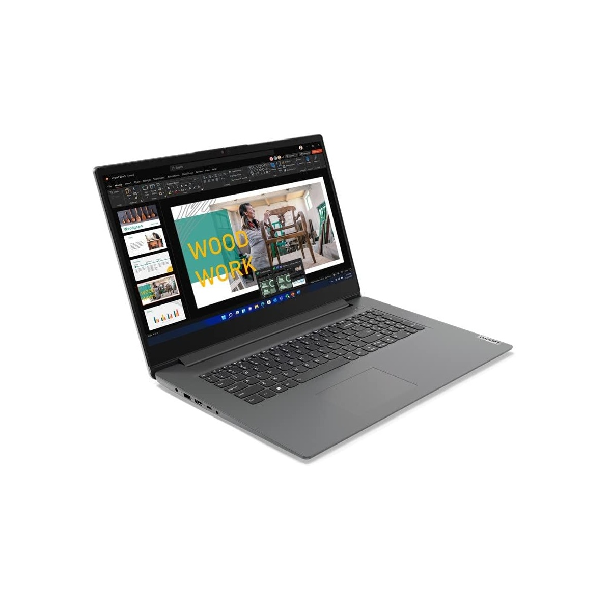 Ein Laptop, der auf einem Schreibtisch geöffnet ist und eine Präsentation über Holzbearbeitung zeigt.