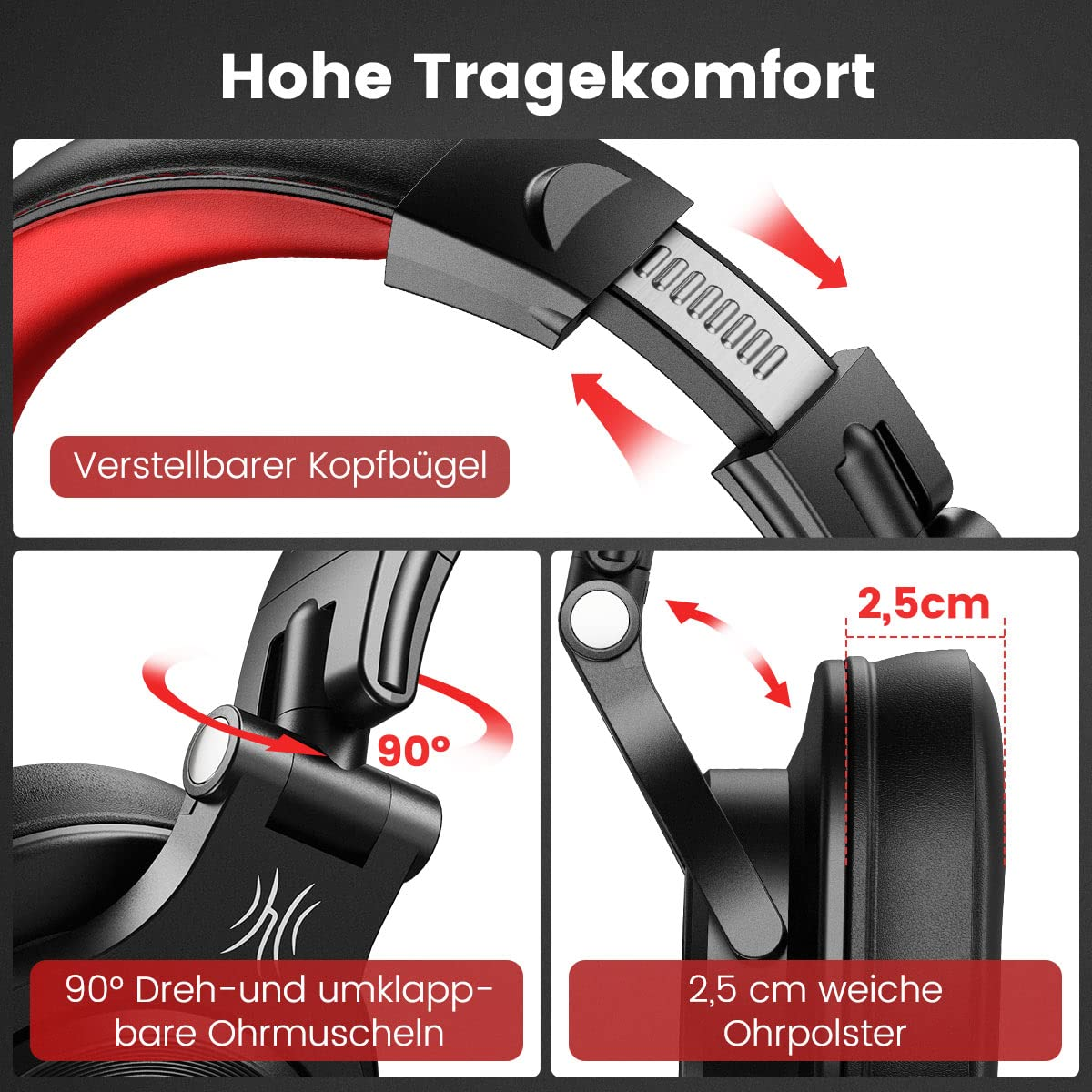 Kopfhörer mit verstellbarem Kopfbügel, klappbaren Ohrmuscheln und weichen Ohrpolstern.