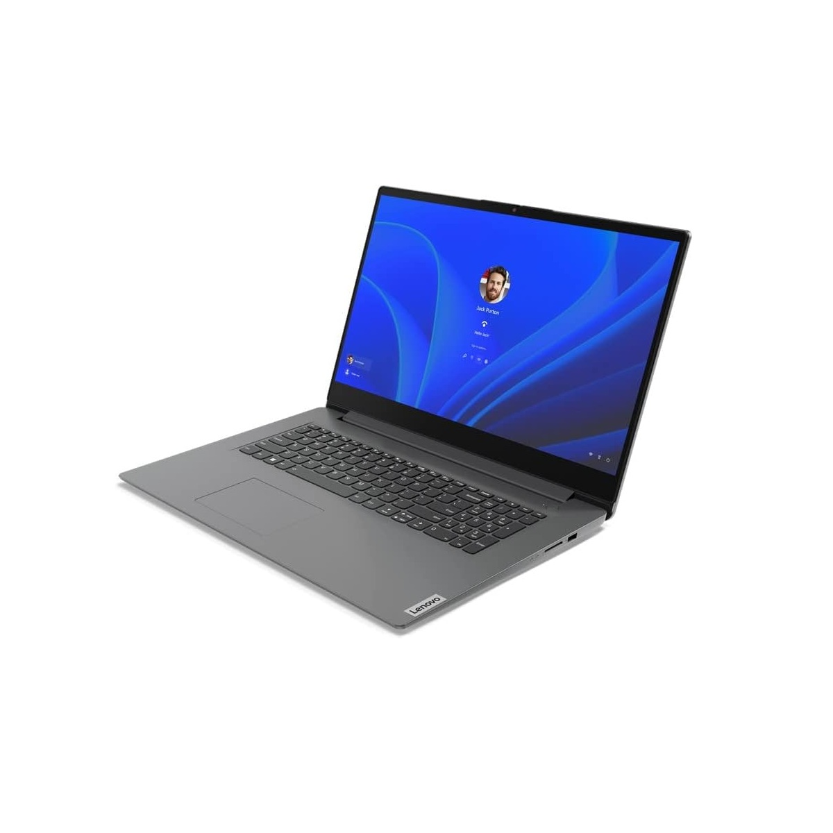 Grauer Laptop, der auf einer weißen Oberfläche geöffnet ist und einen Anmeldebildschirm zeigt.