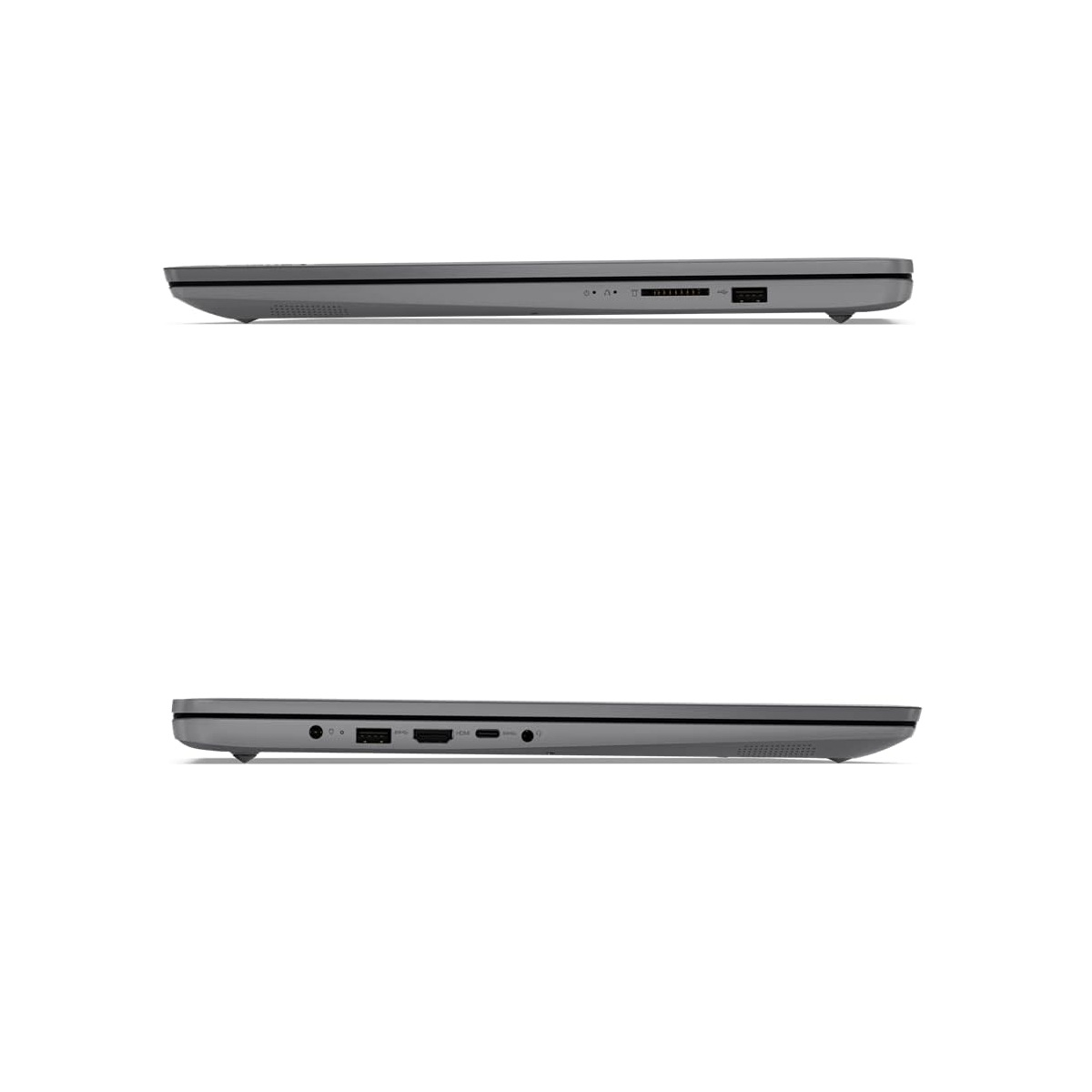 Zwei Ansichten eines grauen Laptops, die das Seitenprofil, die Anschlüsse und einen USB-Anschluss zeigen.