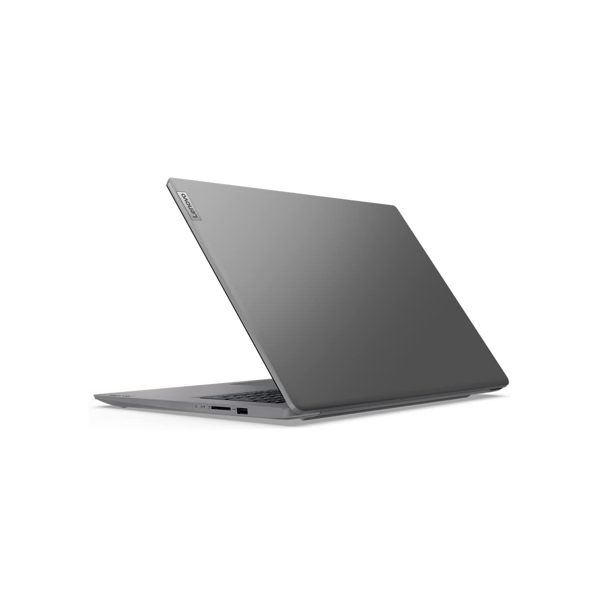 Grauer Laptop geschlossen, schräge Ansicht, auf weißem Hintergrund, Rückseite.