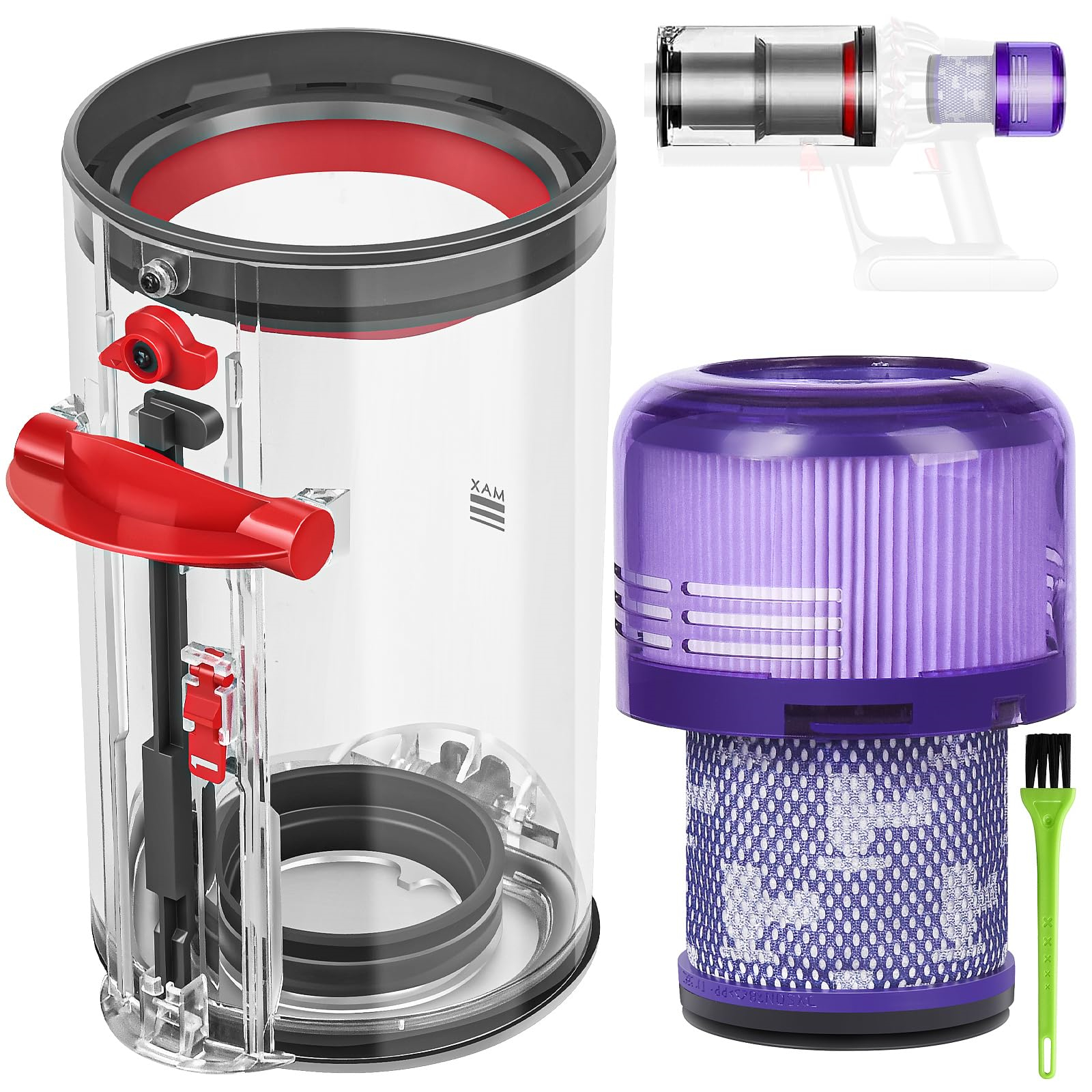 Staubsaugerteile: Staubbehälter, Filter und Bürste. Alle Teile sind für ein Dyson V11/V15 Modell.